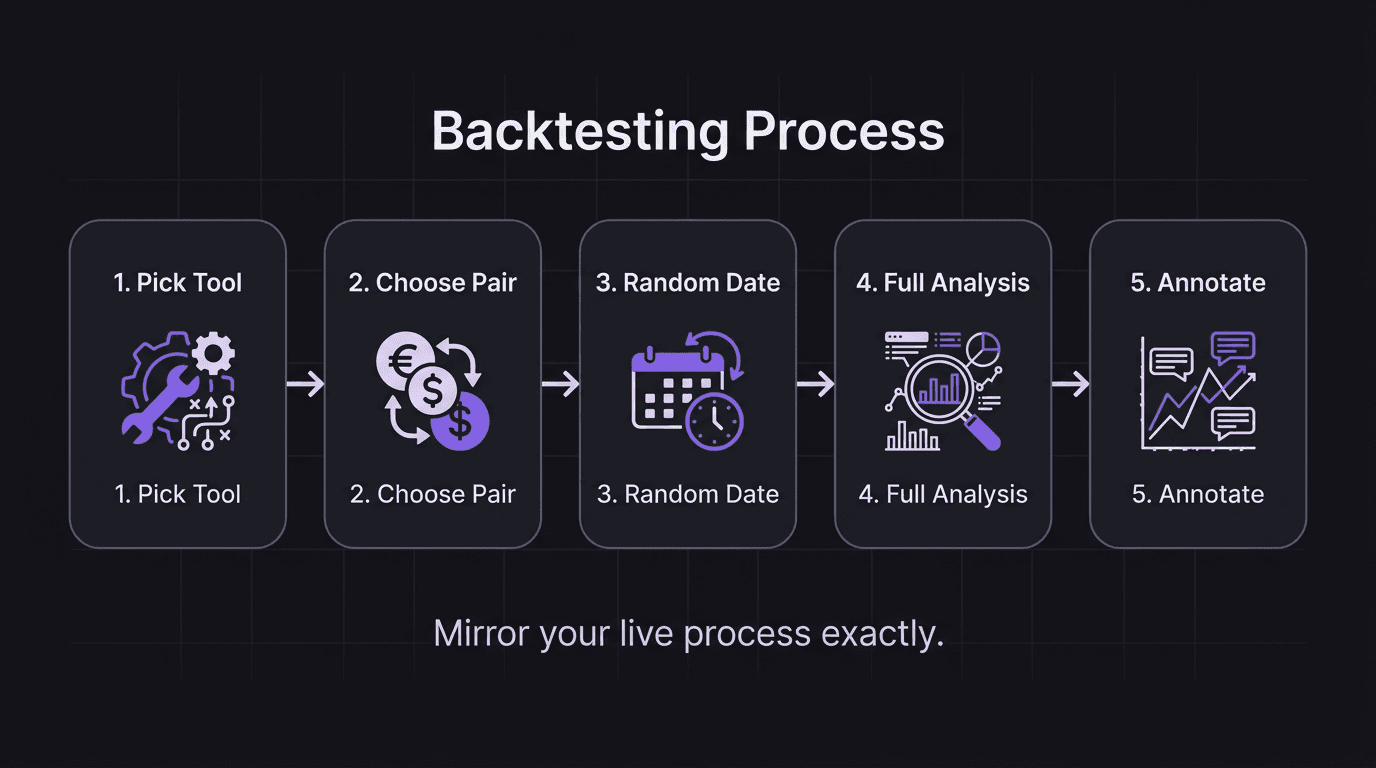 Five-step backtesting process flowchart from pick tool to choose pair to random date to full analysis to annotate