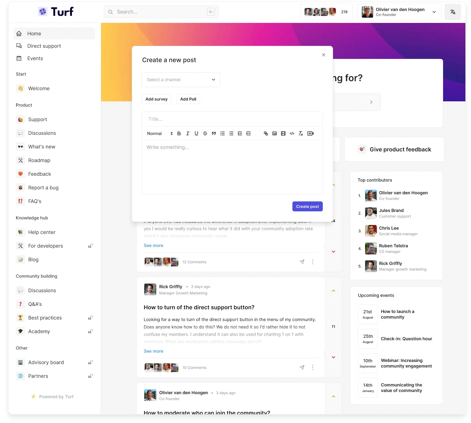 The create new post pop-up in the Turf platform.