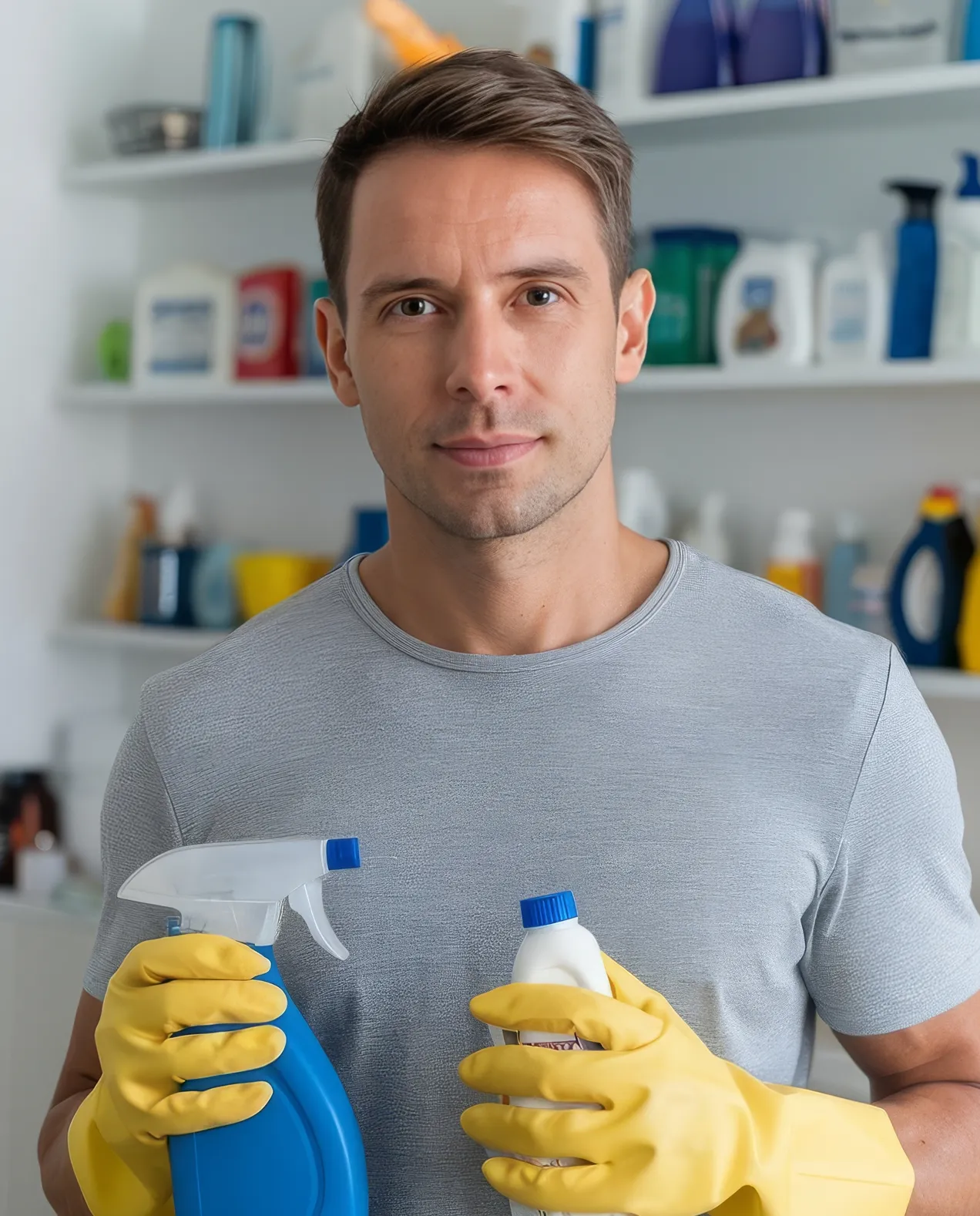 Ethan Richard, a professional cleaner with 3 years of experience specializing in busy home environments, holding spray bottles.