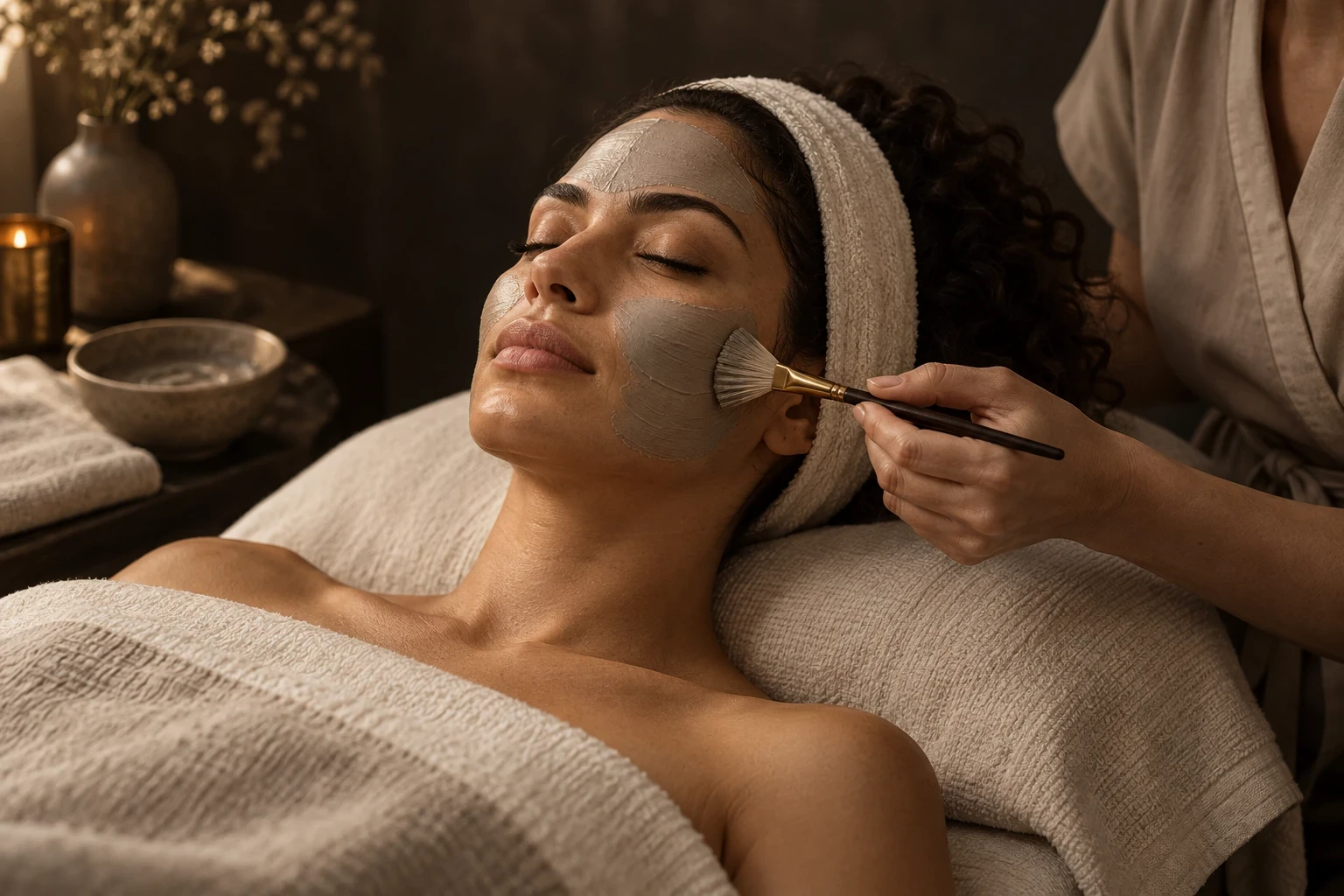 A clay mask applied during a clarifying facial