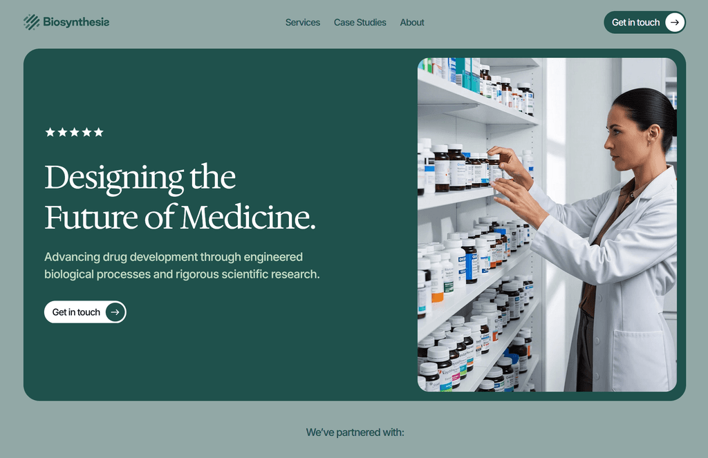 Homepage design with green and white tones showing a medical professional organizing medication.