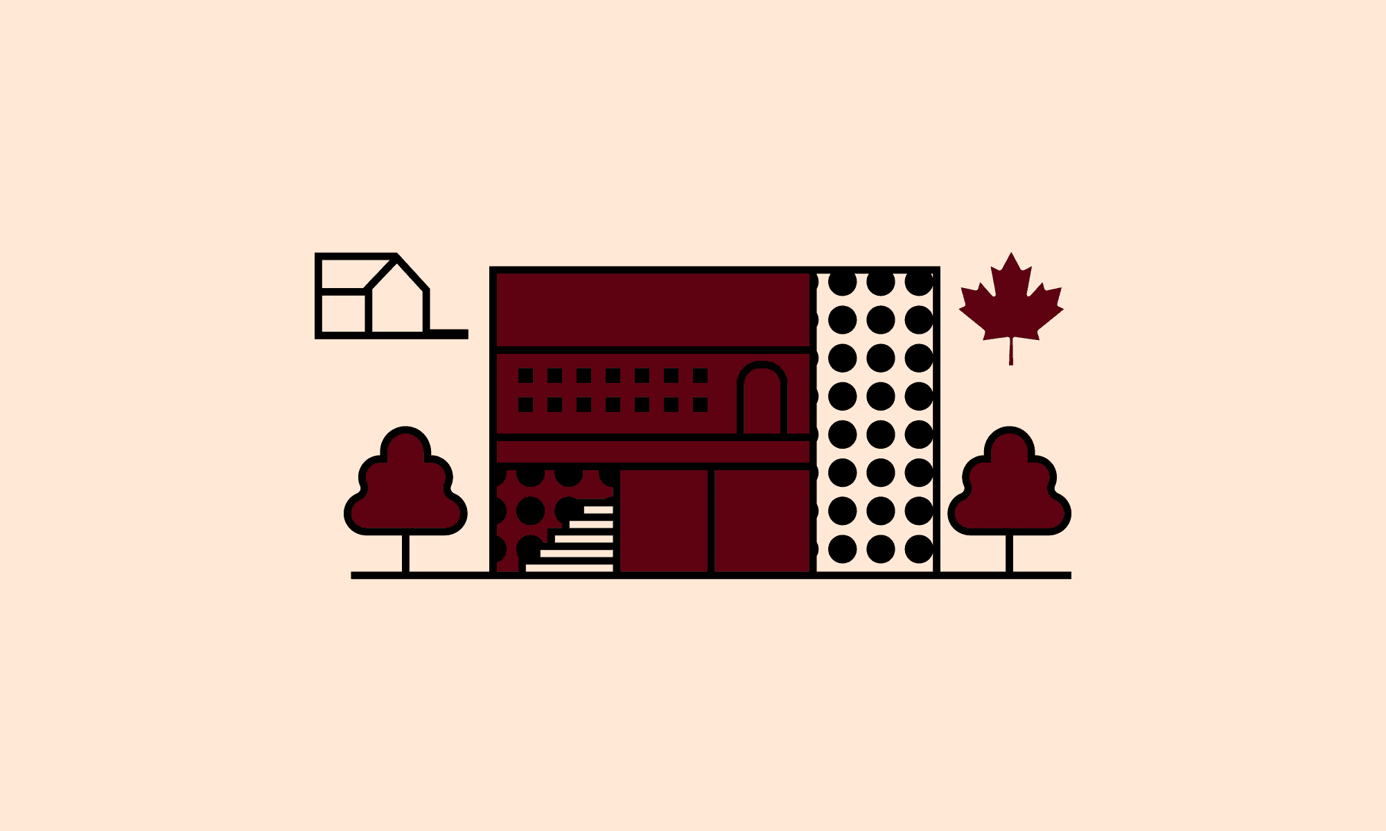 A modern, stylized illustration depicts a Canadian real estate scene, including a uniquely designed house, maple leaf symbol, and geometric trees, highlighting architecture in Canada.