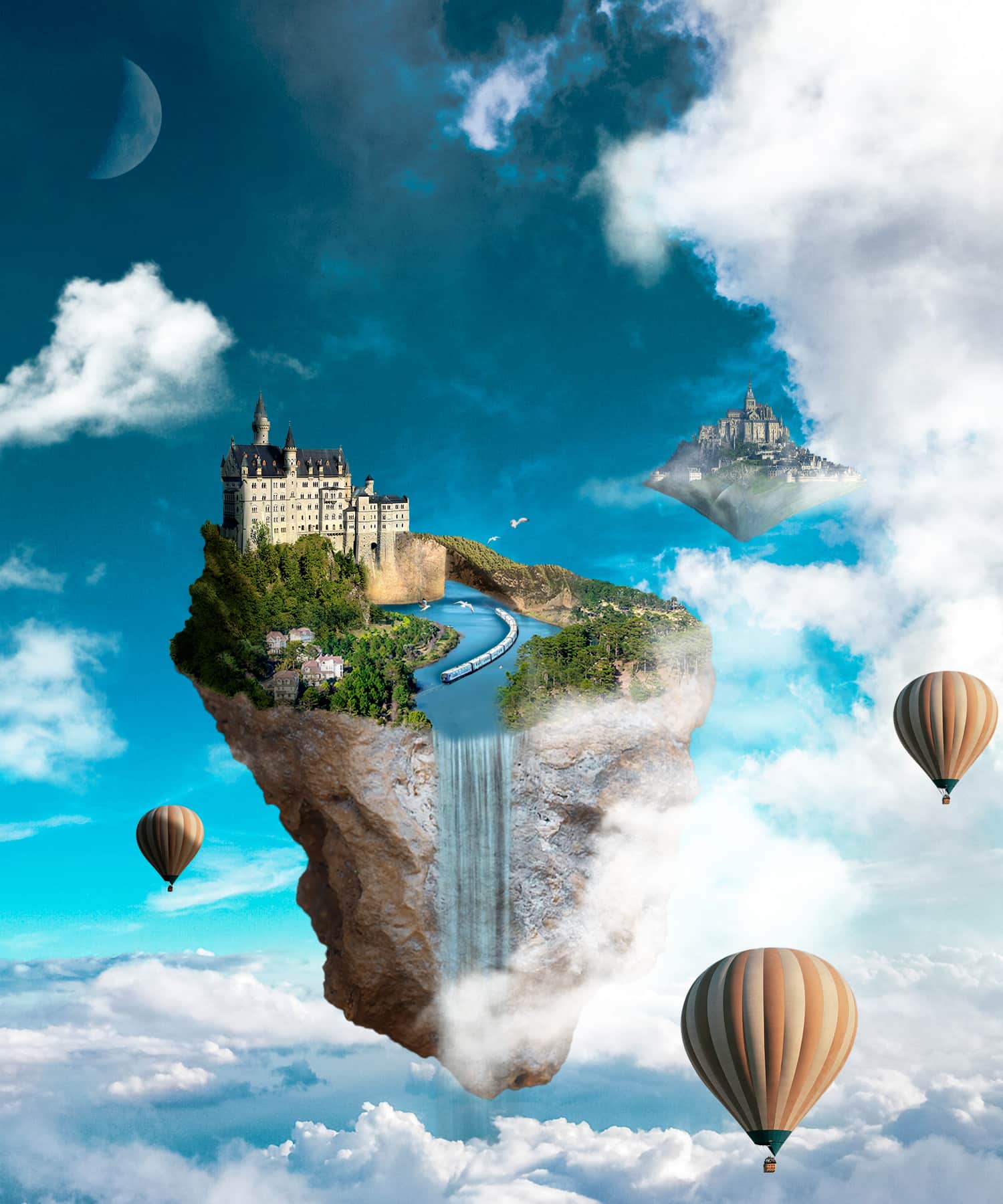 Montage photo représentant des îles volant dans le ciel