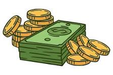 A colorful cartoon illustration of money, featuring a thick stack of green paper bills with a dollar sign on top, flanked by two piles of shiny gold coins. The image has a black outline.