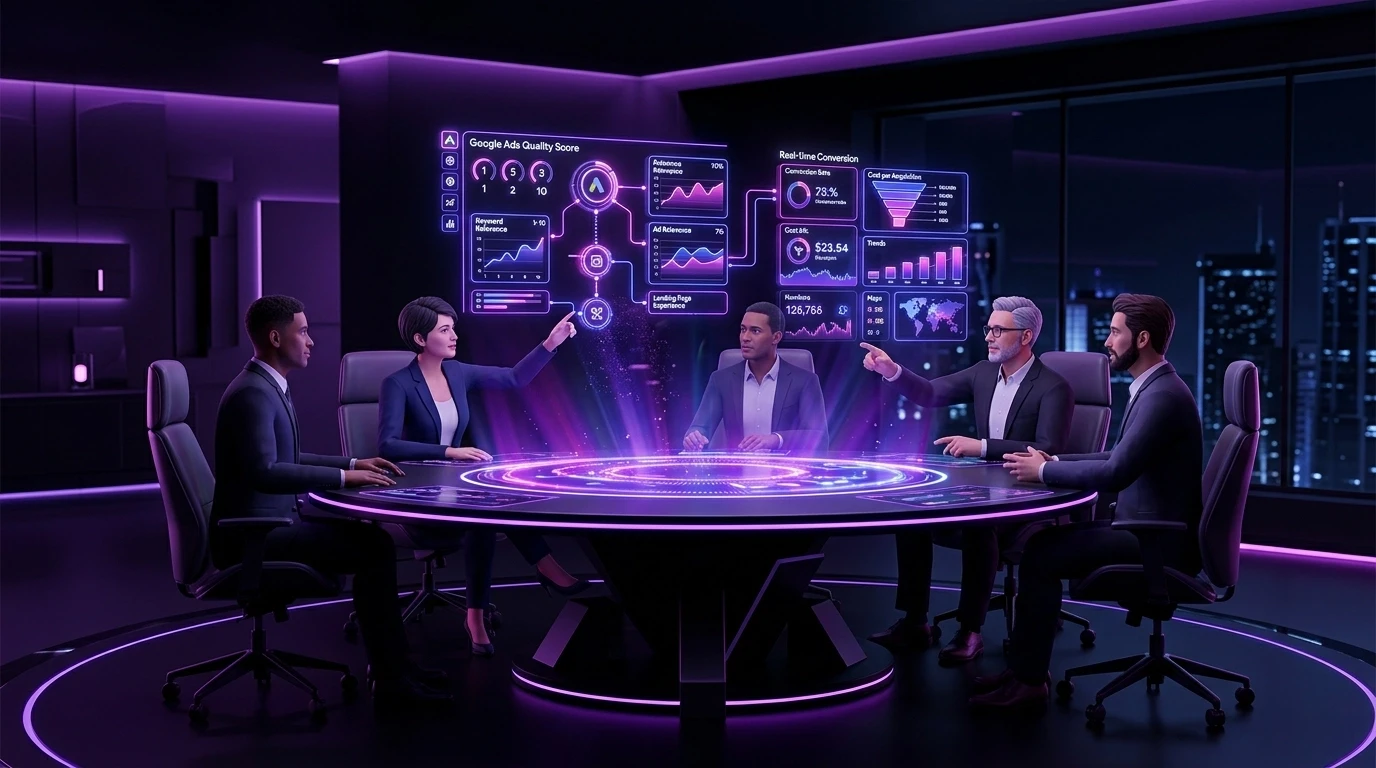 Senior-level strategy session around a holographic table with glowing Google Ads Quality Score metrics and real-time conversion data in a dark luxury tech environment.