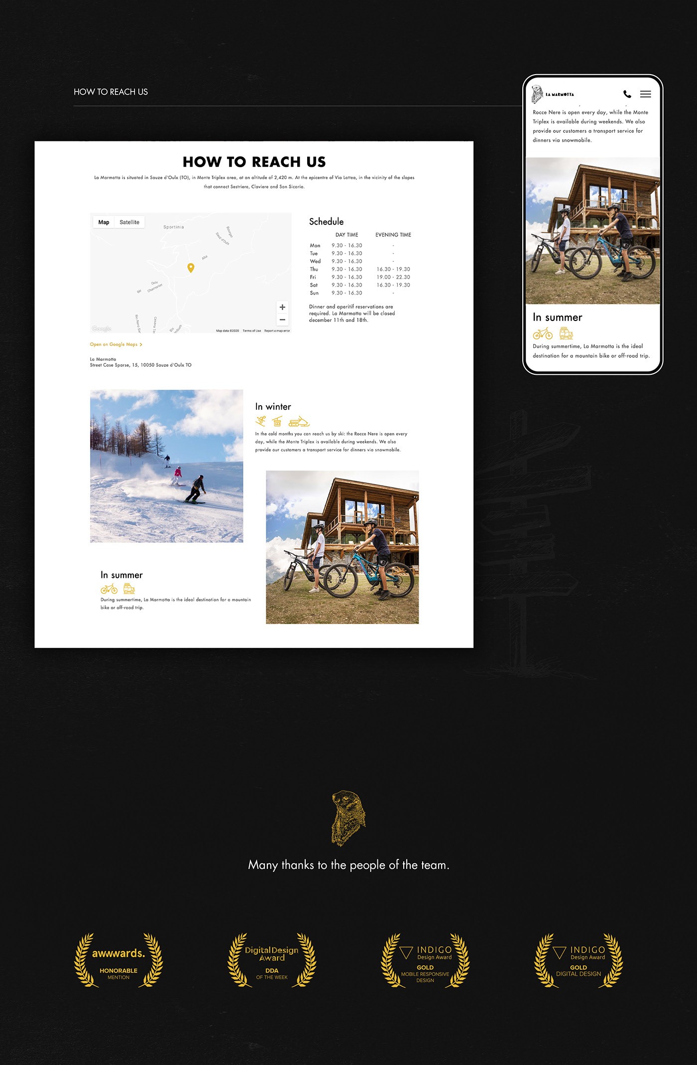 Il progetto ha ricevuto i seguenti premi: awwwards -honorable mention-; Digital Design AAward -DDA of the week and Indigo Design award -gold for mobile responsive design and Digital Design-