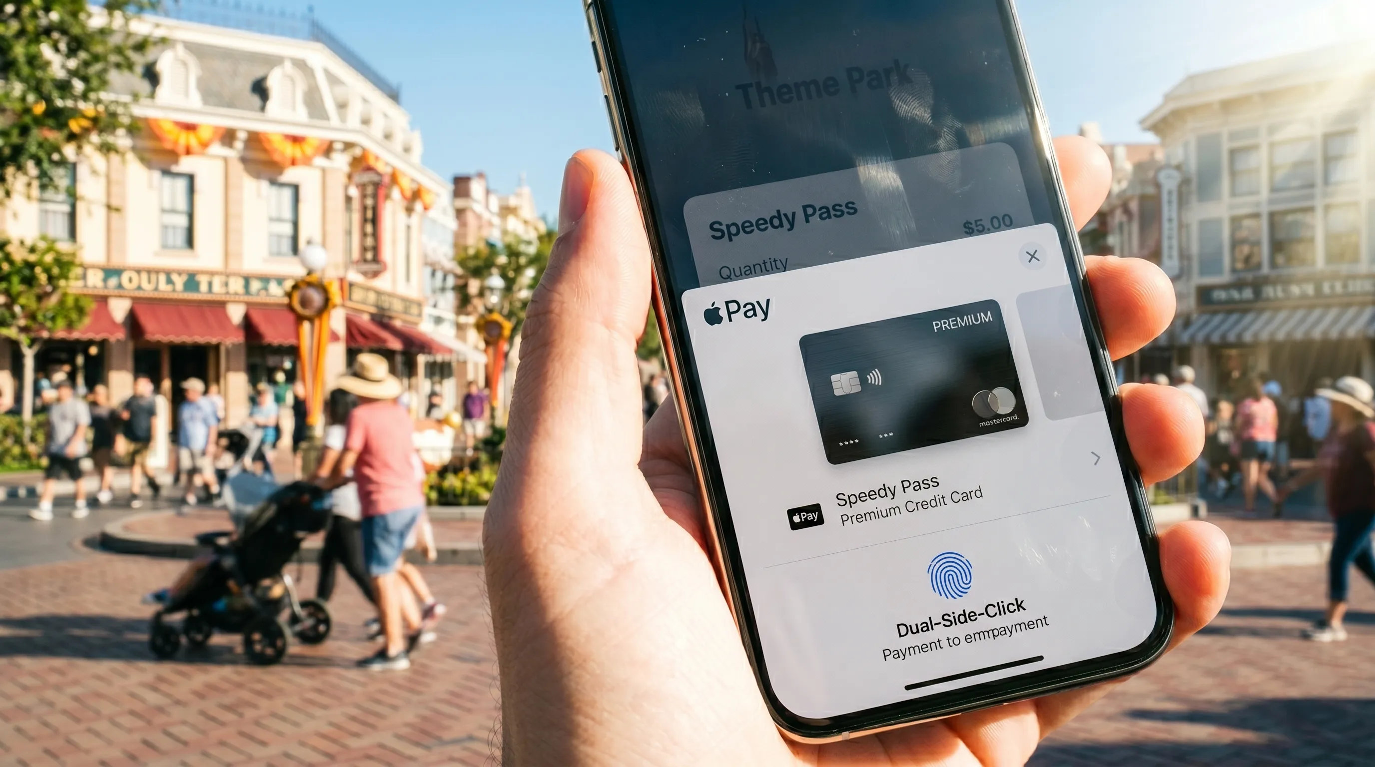 Gast bezahlt einen Speedy Pass mit Apple Pay in der ULTIDO Web-App auf der Hauptstraße eines Freizeitparks