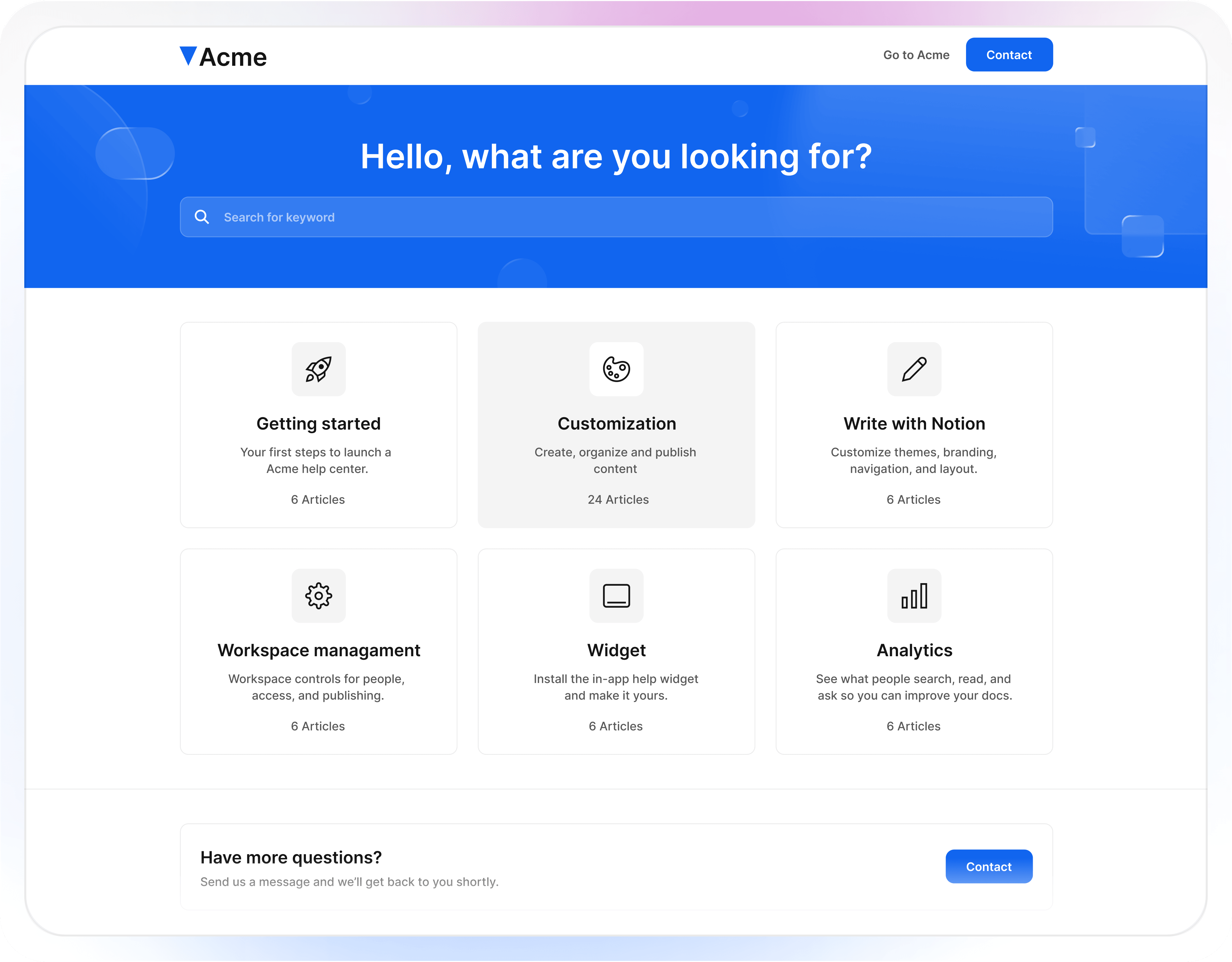 Helpview help center interface built from a Notion workspace with searchable help center.