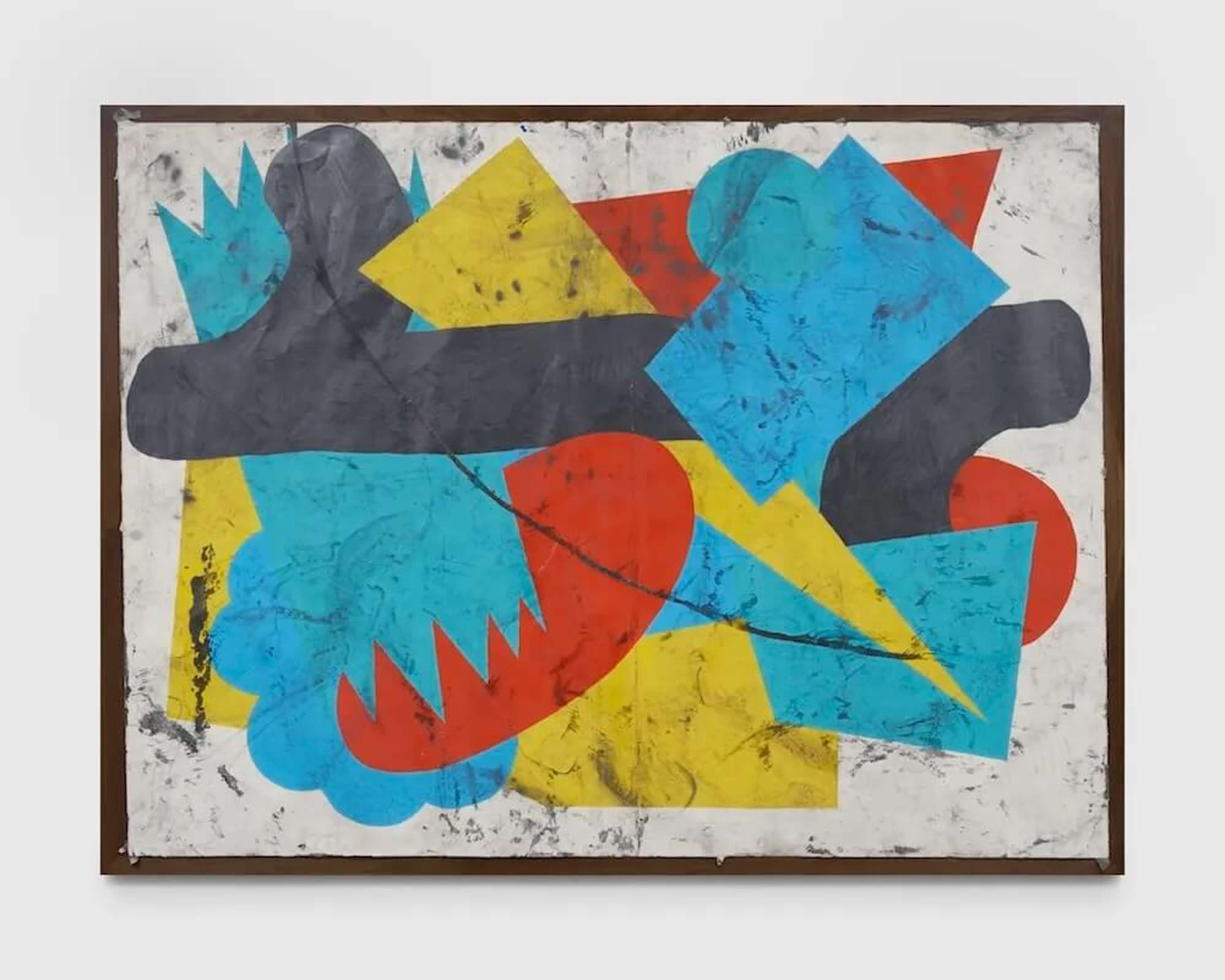 Abstract painting featuring overlapping geometric shapes in blue, red, yellow, and black on a textured background.