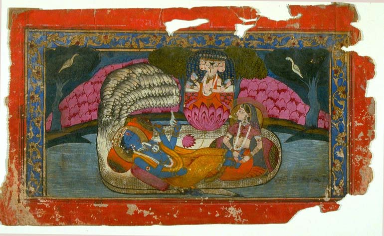 Painting of Vishnu reclining on the serpent Shesha with Brahma emerging from his navel