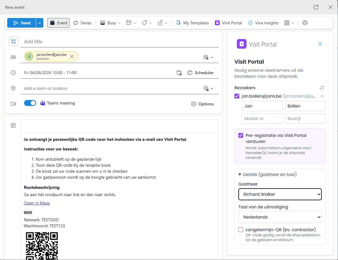 Bezoeker vooraf registreren in Outlook met automatische QR-code via Visit Portal