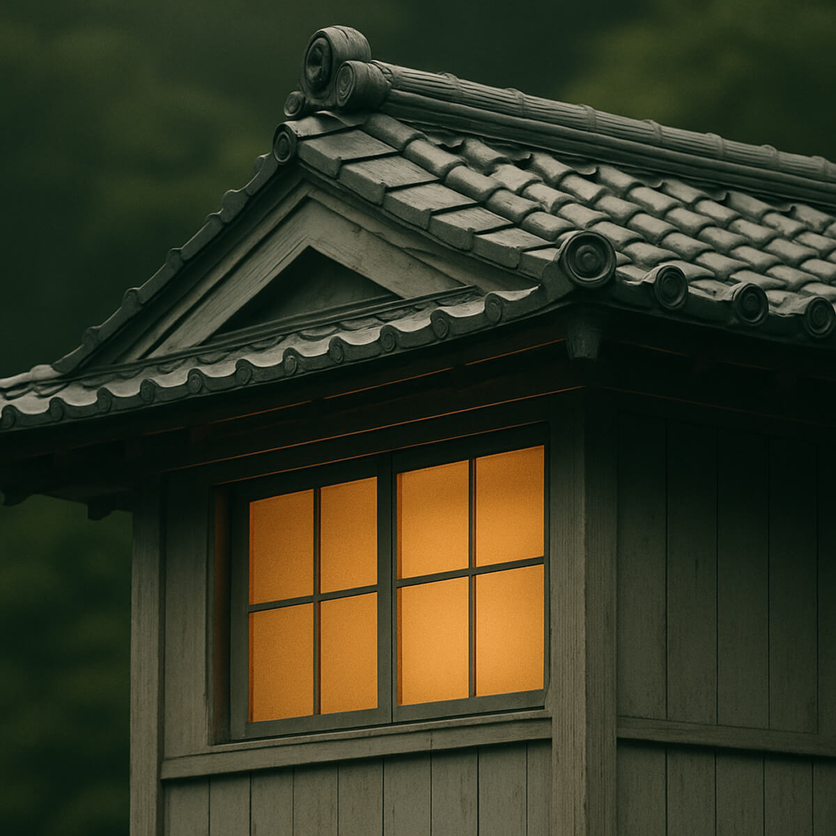 The photo shows architectural details of the house, including a traditional tiled roof and a wooden window.