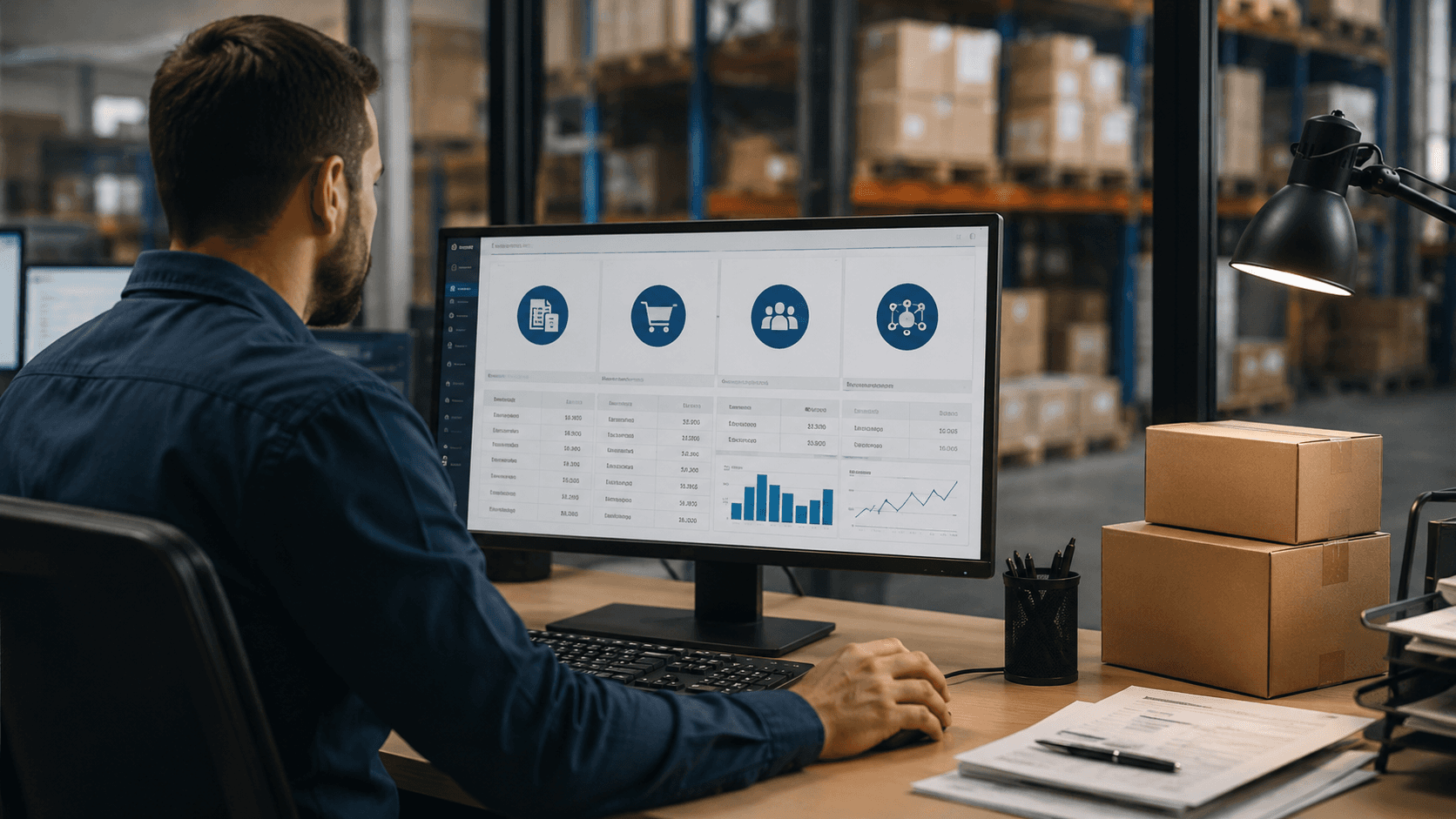 Cena 3D realista em formato widescreen mostrando um profissional em uma estação de trabalho dentro de um centro de distribuição moderno. Na tela do computador há um painel de gestão de pedidos com diferentes áreas organizadas, representando cadastro empresarial, segmentação de clientes, regras comerciais e integração de sistemas. Ao fundo, prateleiras industriais com caixas e pallets reforçam o ambiente de distribuição atacadista. Sobre a mesa há documentos, caixas de envio e equipamentos de escritório, transmitindo a operação integrada entre vendas, estoque e gestão empresarial. Não há textos legíveis na imagem.