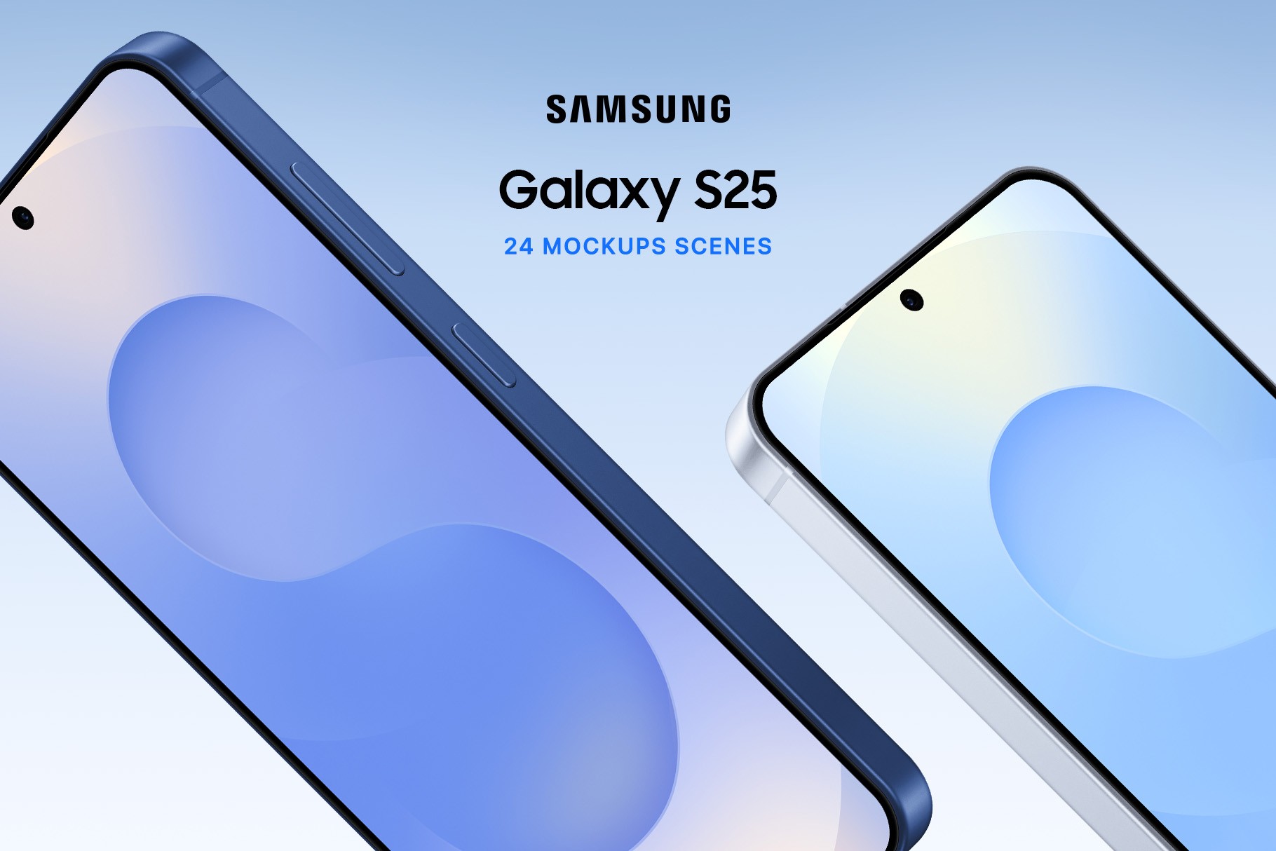 Samsung Galaxy S25 mockup scene collection featuring modern phone designs with refined edges and minimal display bezels in realistic perspectives.
