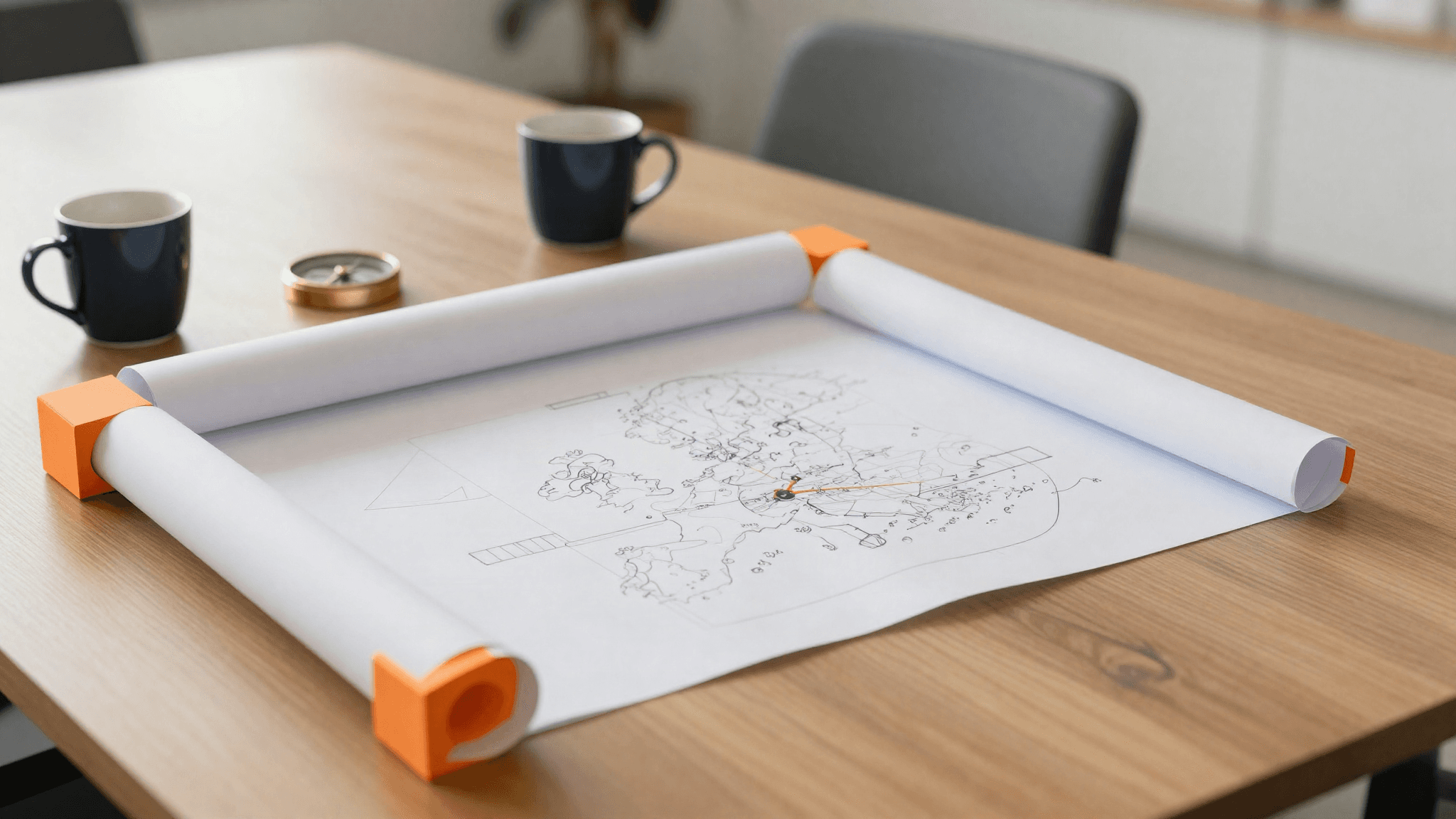 Stratege rollt handgezeichnete Roadmap aus (KI-generiert)