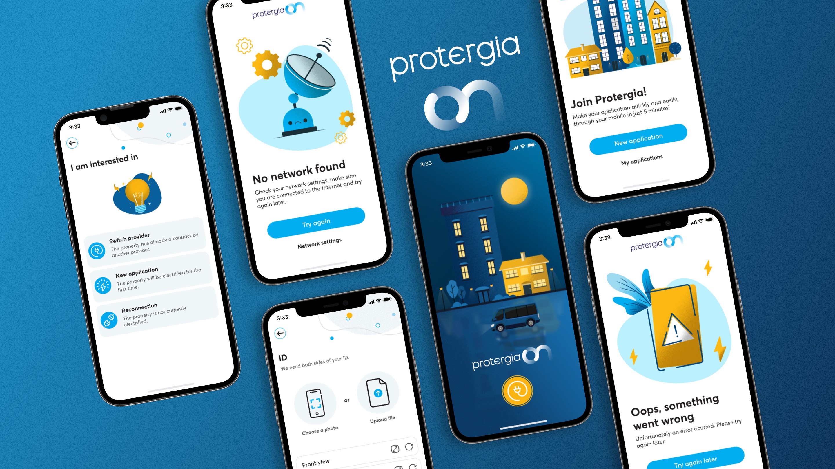 Protergia On mobile app screens showing energy onboarding flow