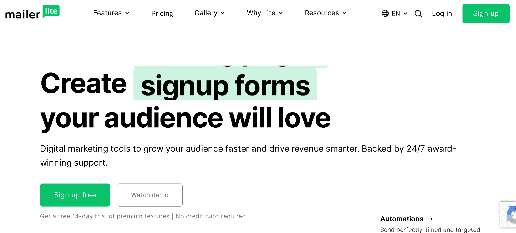 MailerLite landing page