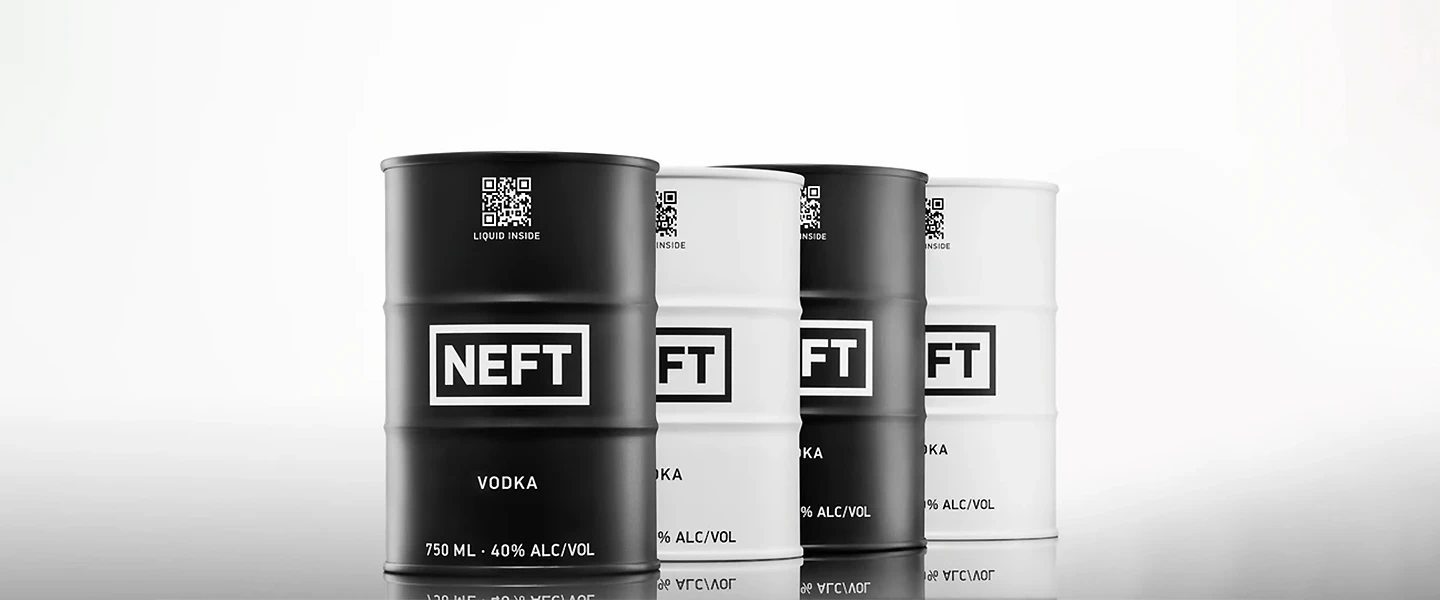 Four lined up NEFT Vodka barrels, alternating from black to white.