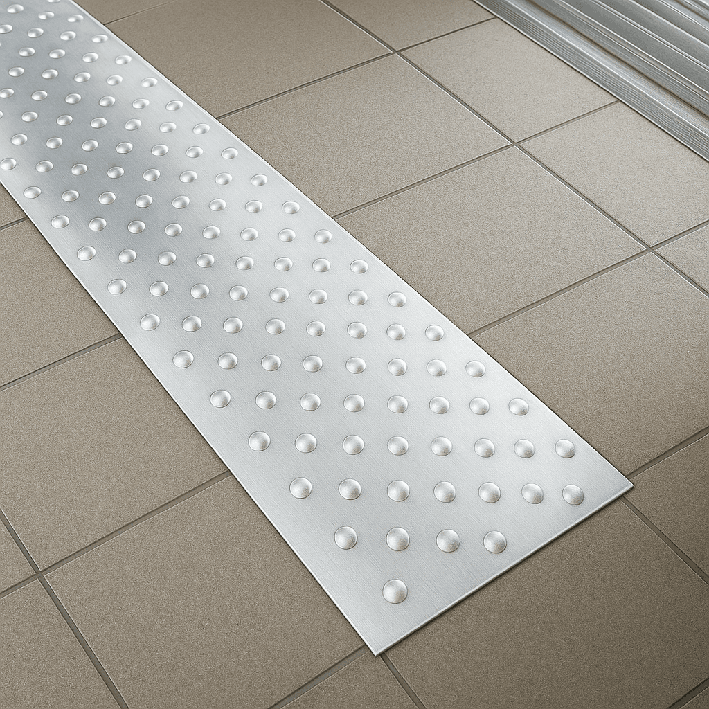 Bande podotactile avec points en relief sur un sol carrelé beige, conçue pour faciliter la circulation des personnes malvoyantes. L'environnement semble propre et fonctionnel.