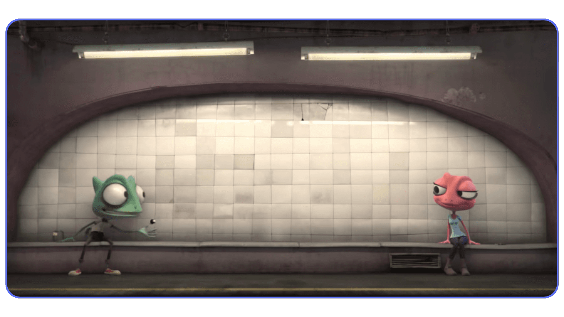 Darrel short film scene made with Blender featuring two chameleon characters on a subway platform