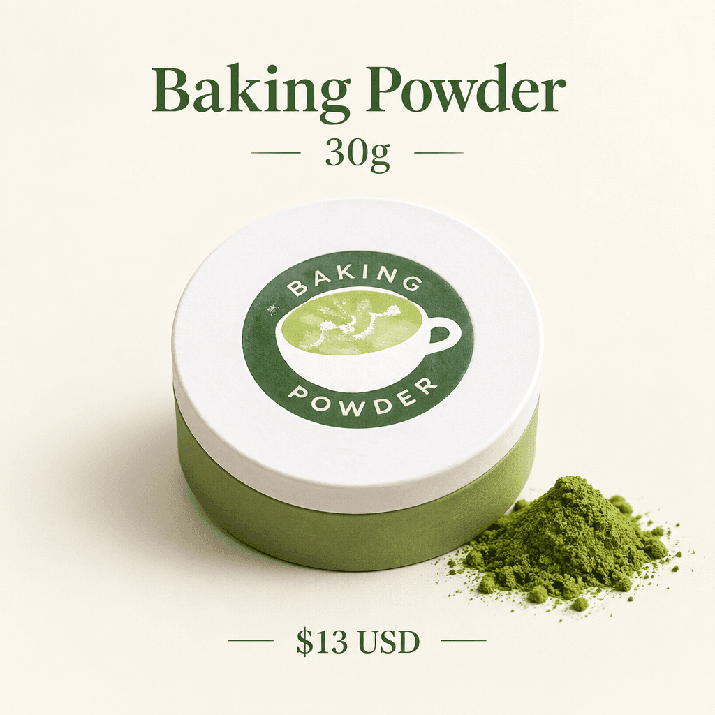 Matcha by Maryam 30g baking powder tin beside green powder in product artwork