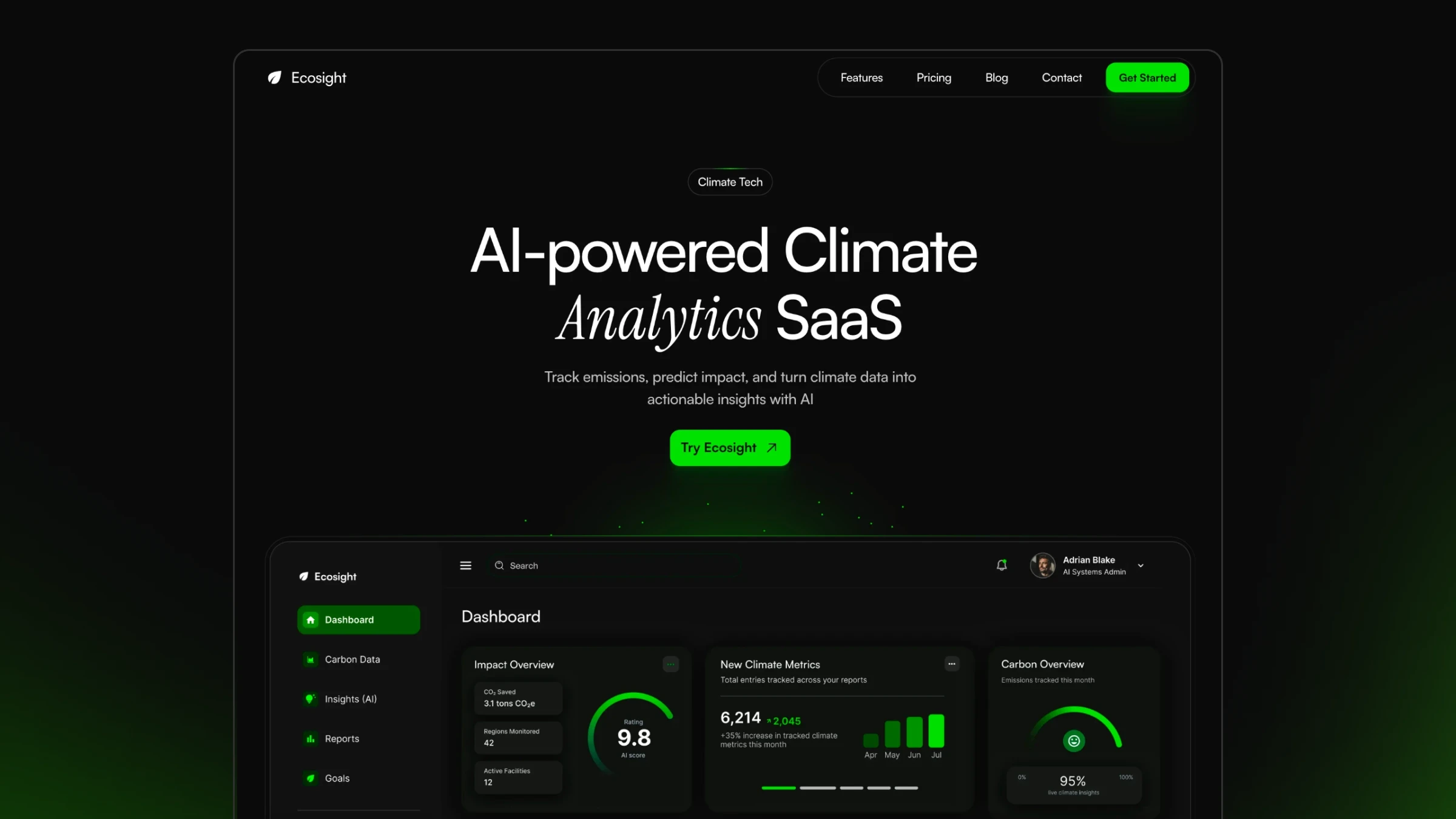 Ecosight — dark AI-powered climate analytics dashboard template with charts, metrics, and real-time emissions tracking.