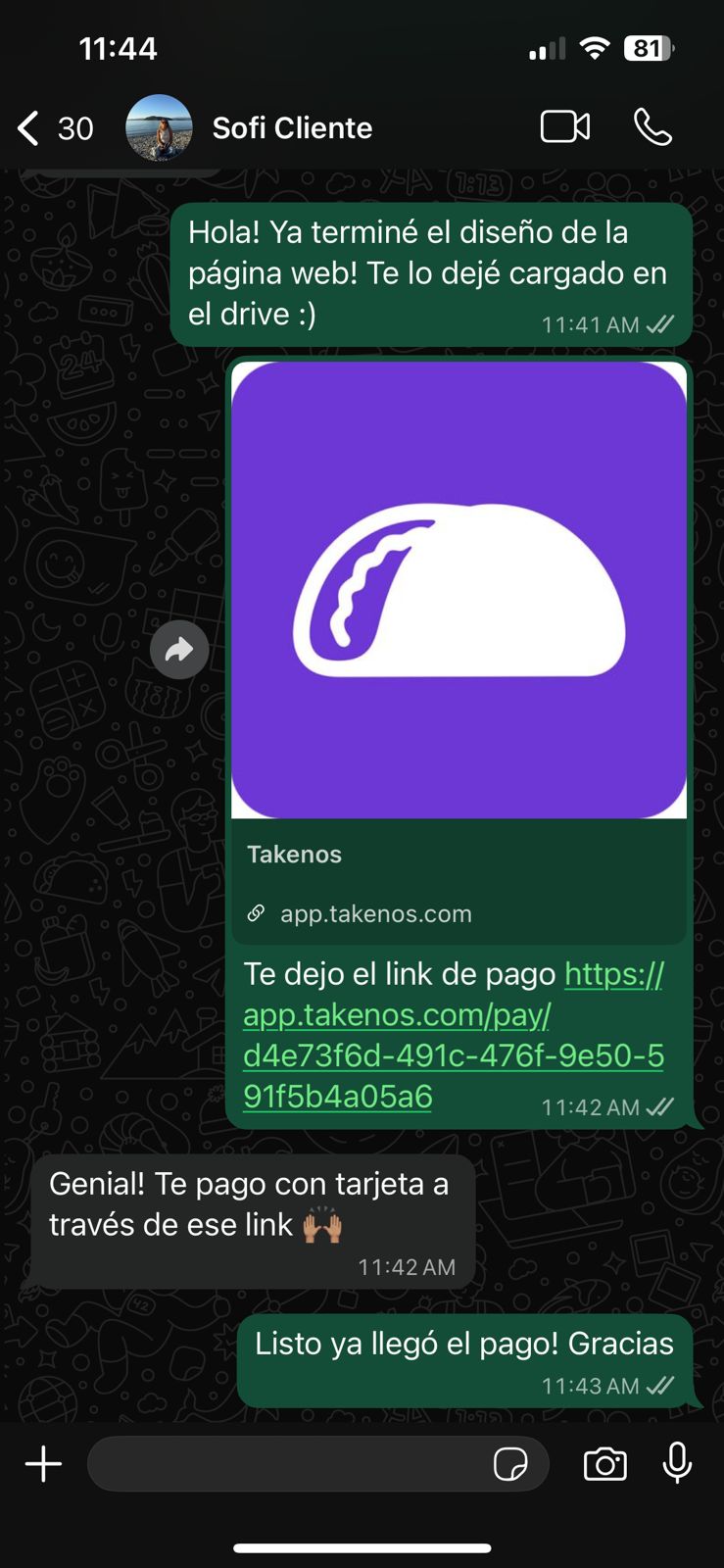 Captura de Whatsapp muestra un chat donde se envió un link de pago de Takenos para recibir pagos con tarjetas de crédito y débito del exterior.