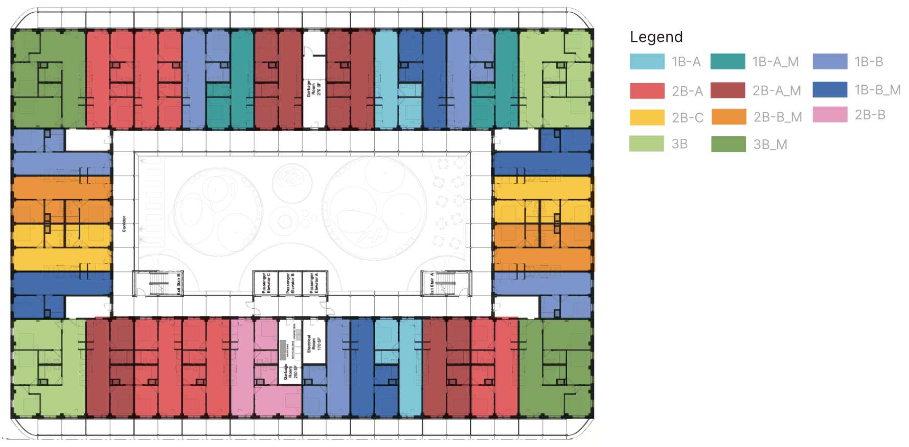 Each unit follows a 3×3m grid and is allocated a number of prefabricated slabs based on its type. Smaller units are located in the center of the building and nest into the service spaces, while larger units occupy the corners of the building. Each unit has access to an exterior facade, and an interior courtyard, ensuring ample cross ventelation and natural light.