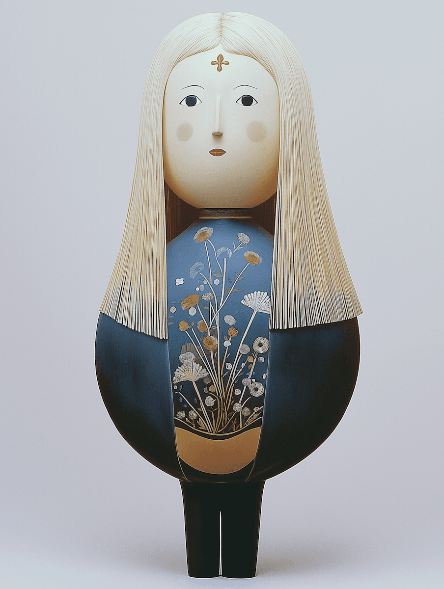 A handcrafted wooden doll with a round body, long blonde hair, and intricate floral designs on its clothing.