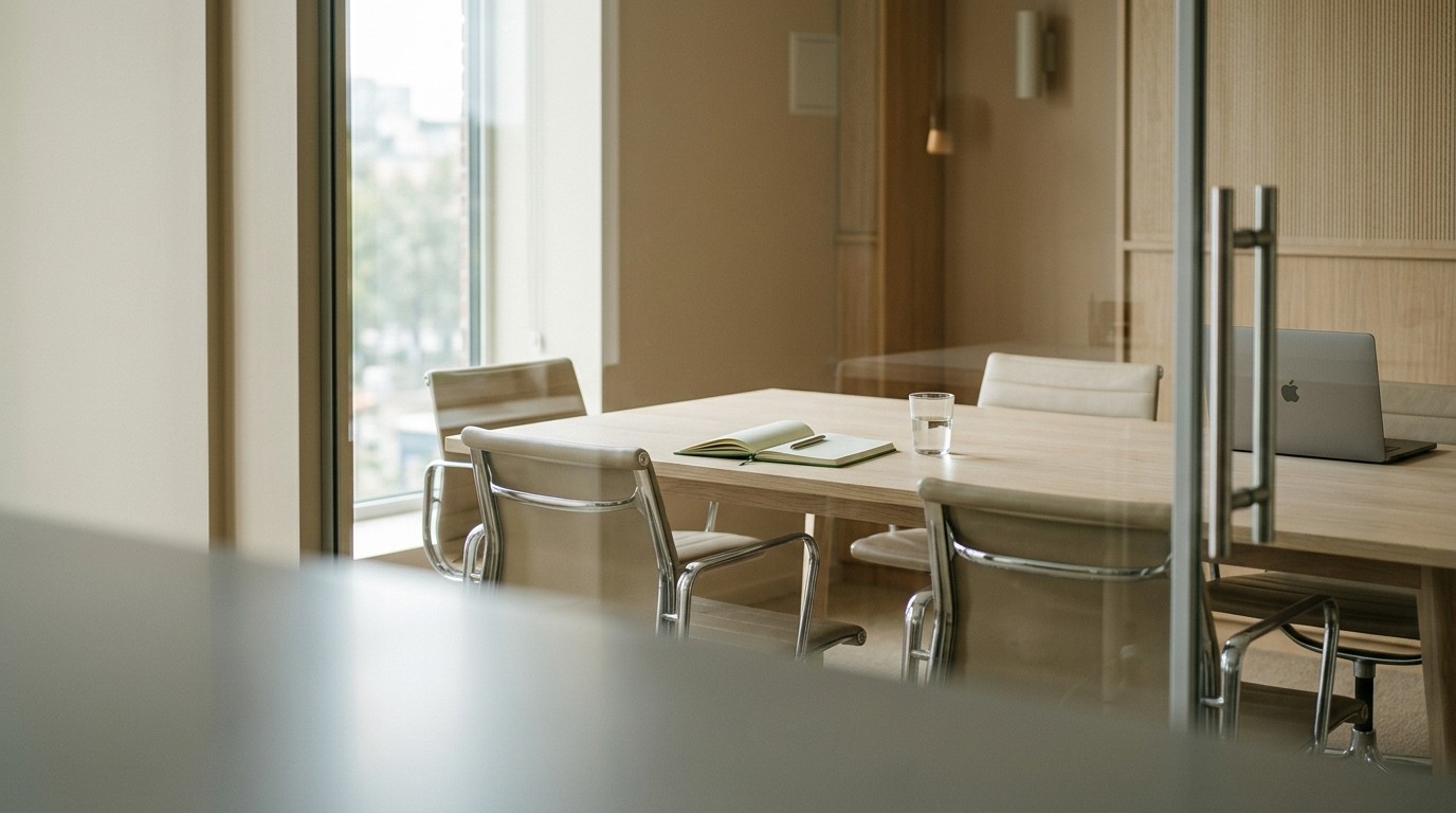 A team member at a desk, looking toward a window