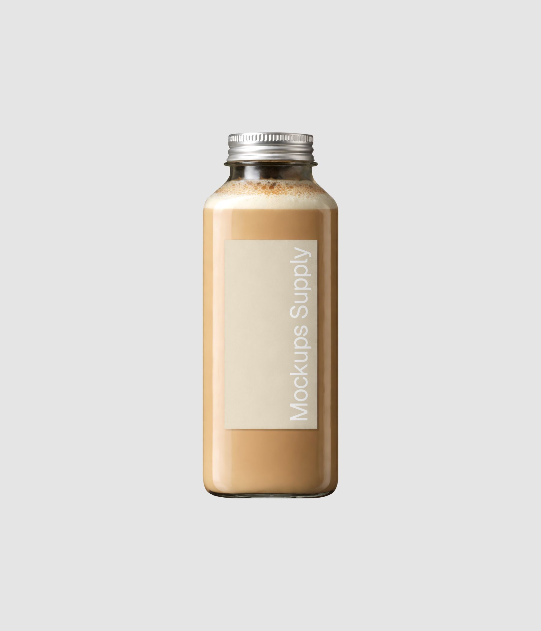 Realistic latte coffee bottle mockup with glass container for beverage packaging design
