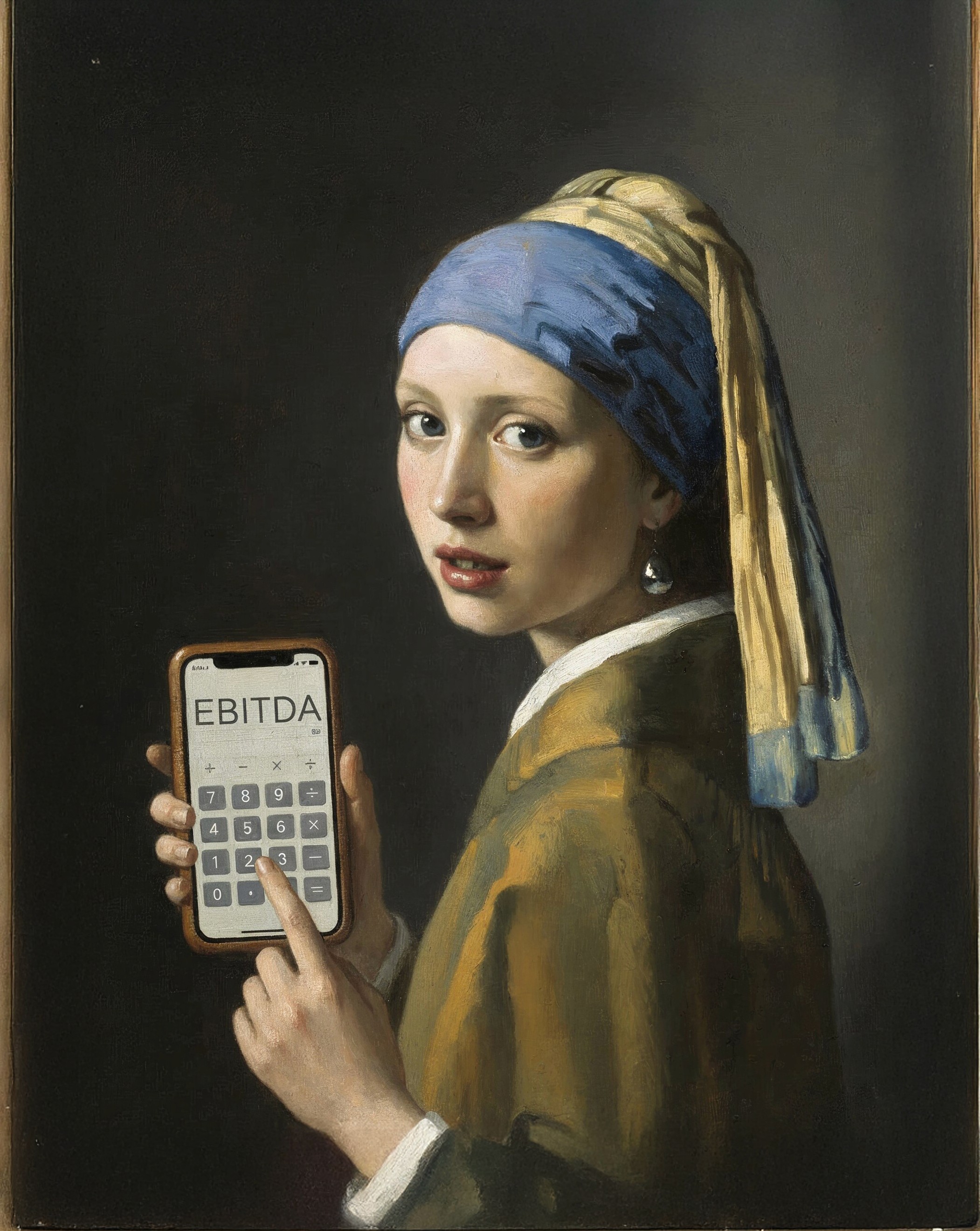 classical Vermeer-style painting of a young woman in a blue headscarf holding a smartphone that displays a calculator screen reading “EBITDA.”