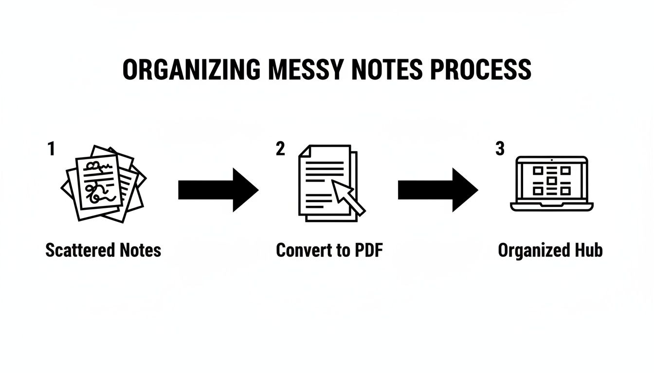 Diagram illustrating a three-step process for organizing messy notes into a digital hub via PDF conversion.