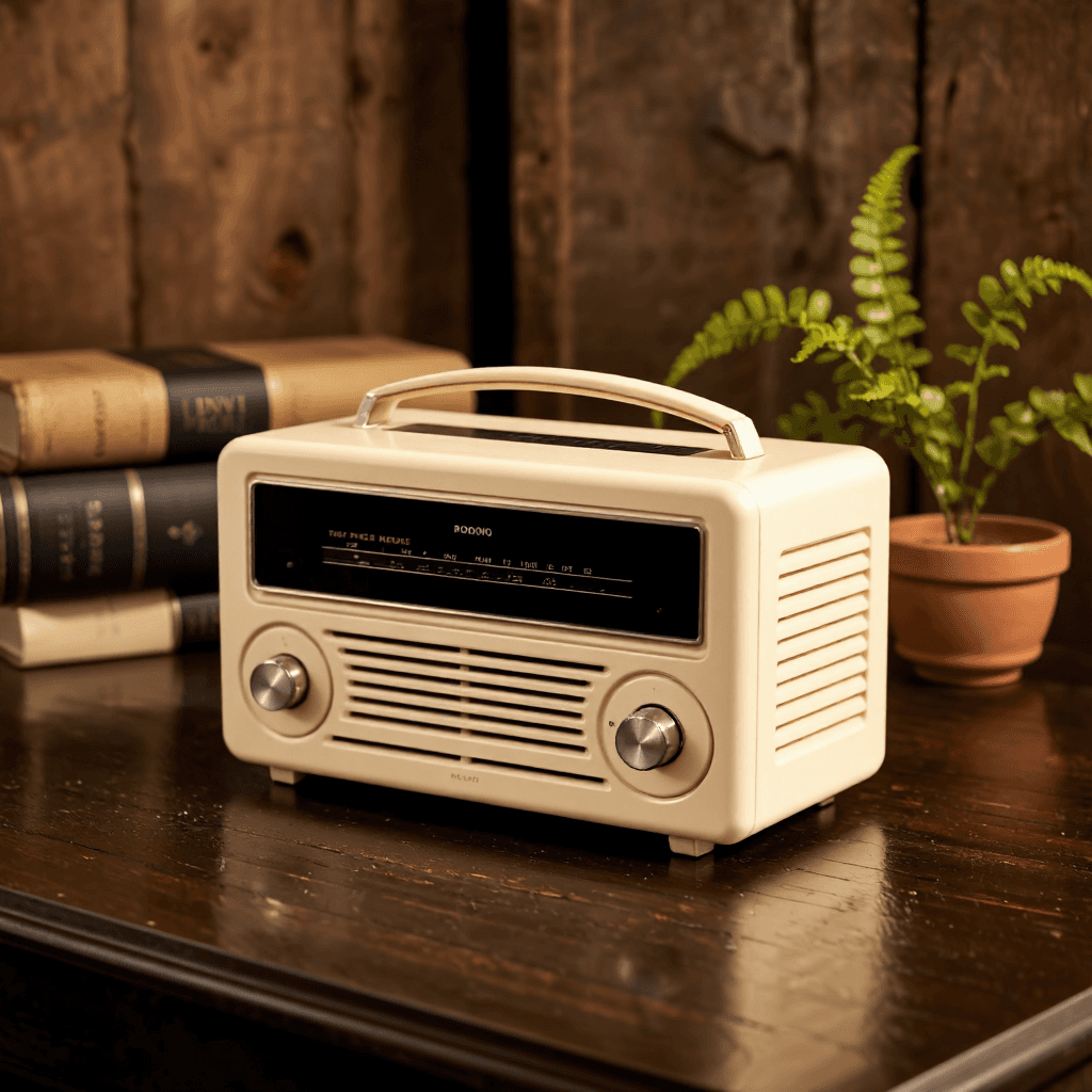 product photography of a vintage radio with a foldable design