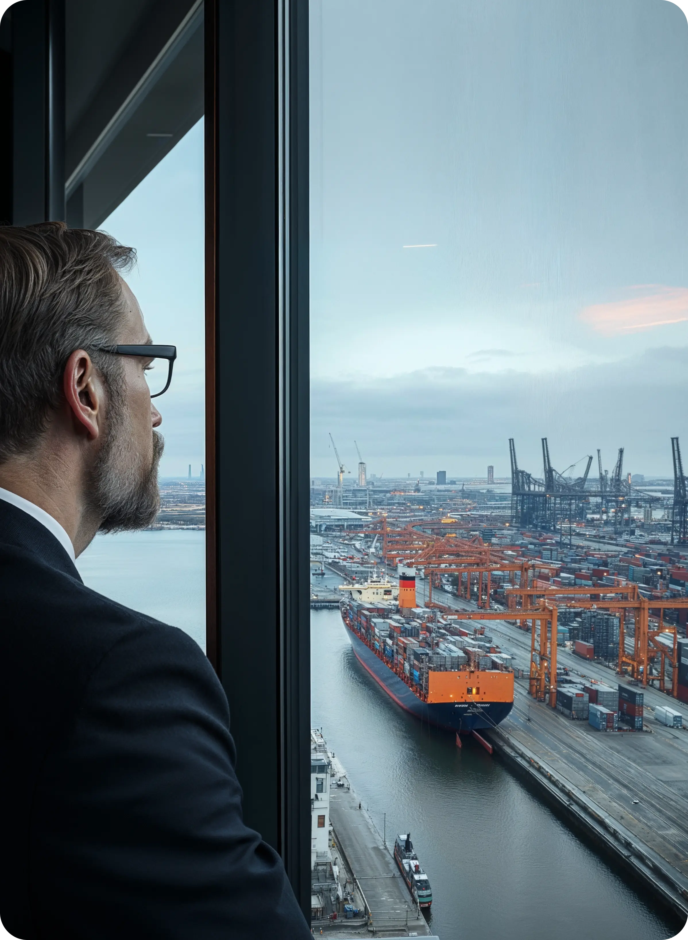 A man in a suit gazes out a large window, overlooking a cityscape with buildings and a river.