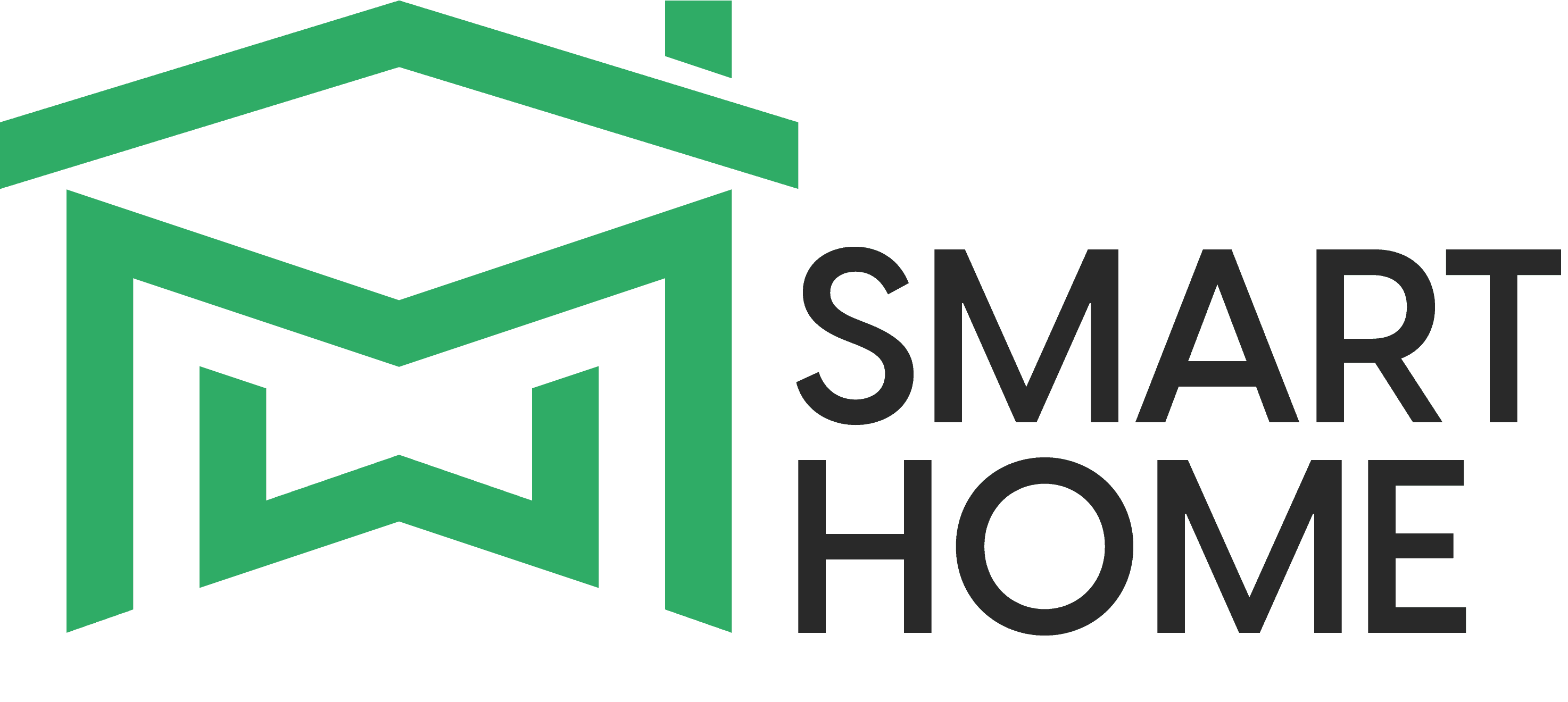 Logo mit dem Umriss eines Hauses mit offenem Dach und dem Text „SMART HOME“ in moderner Schrift.