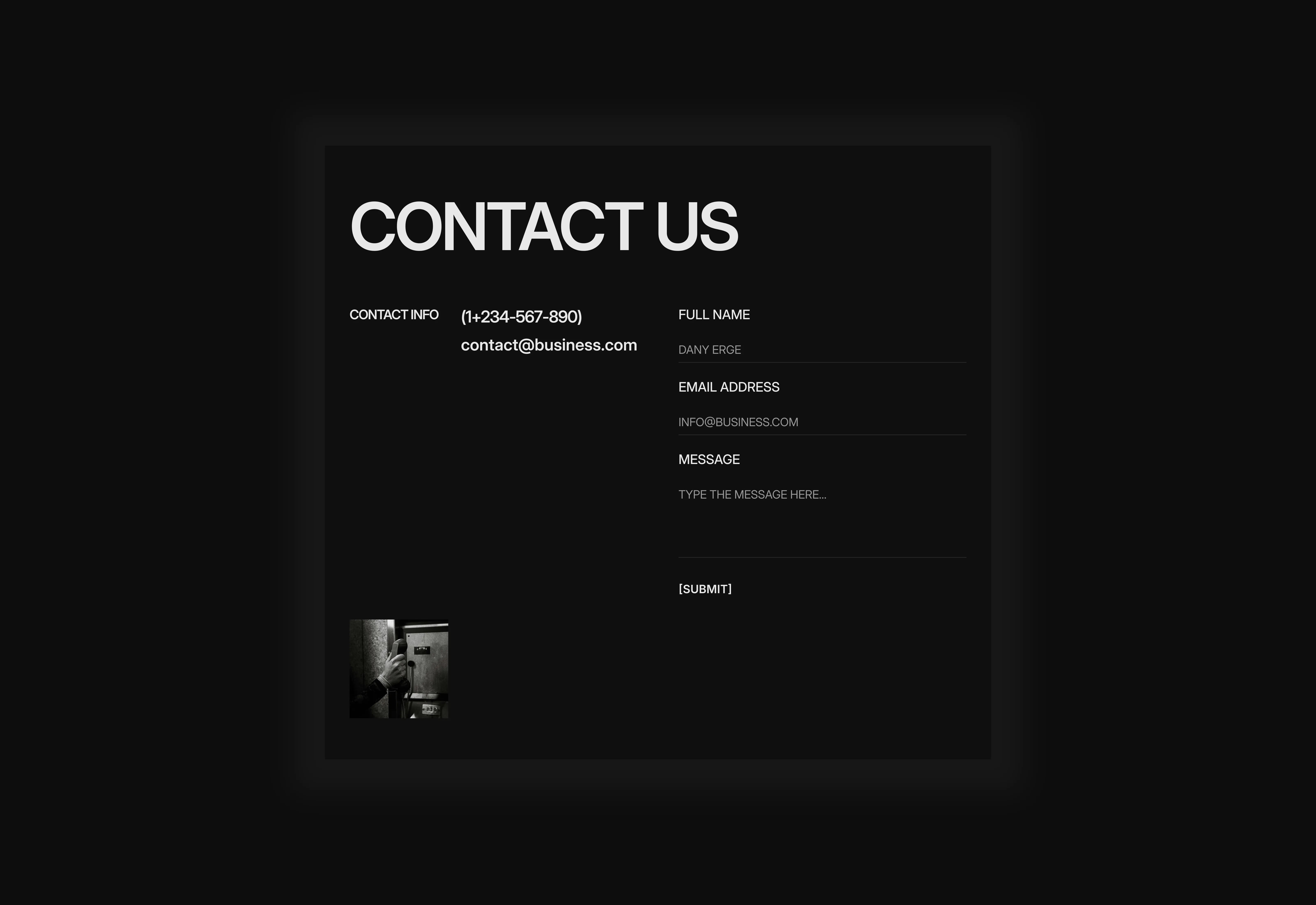 A dark themed large text styled minimal aesthetic contact us page section. Optimized for tablet breakpoints.