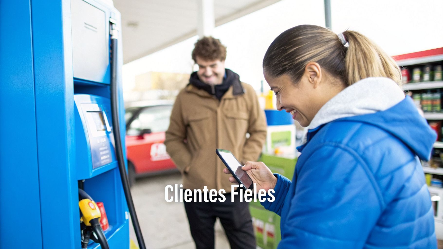 Una mujer sonriente en una gasolinera usando su teléfono, con un hombre de fondo.