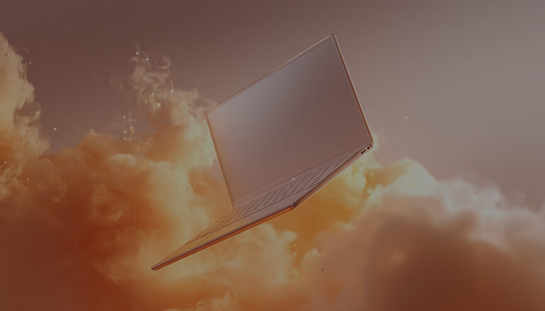 Floating orange laptop in the clouds