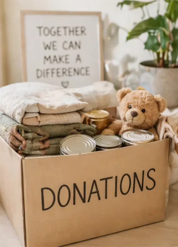 Cardboard donation box filled with folded clothing, canned goods, and a teddy bear, set on a wooden table in a softly lit, cozy indoor space with a houseplant in the background.