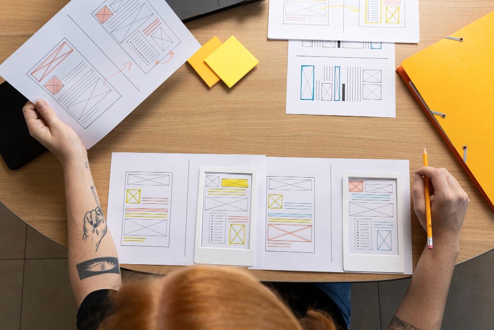 Wireframe and UI sketches on designer’s desk