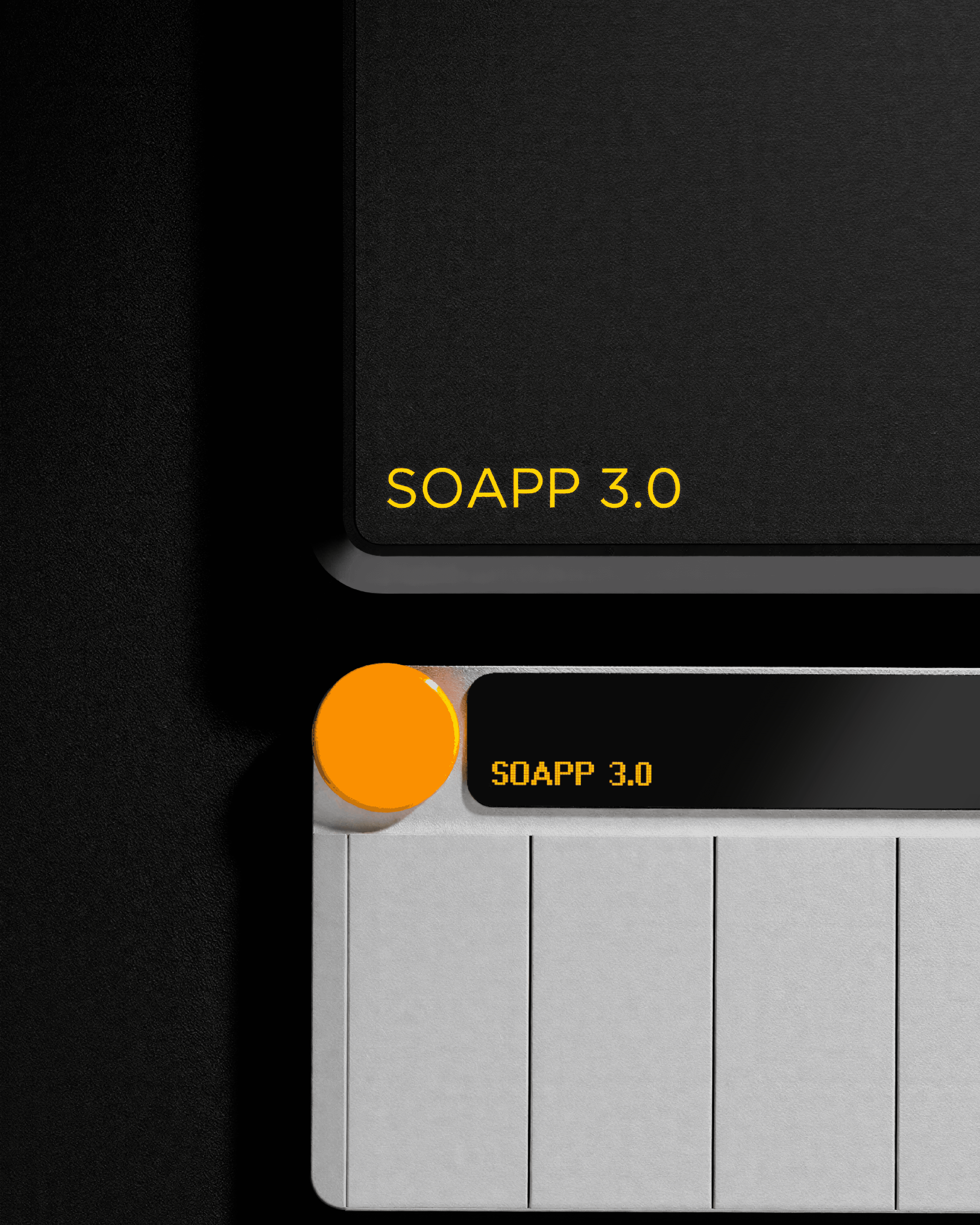 Close up Shot on the Riff Link Midi Control device with the Connection Device, both with the Soapp 3.0 Text.