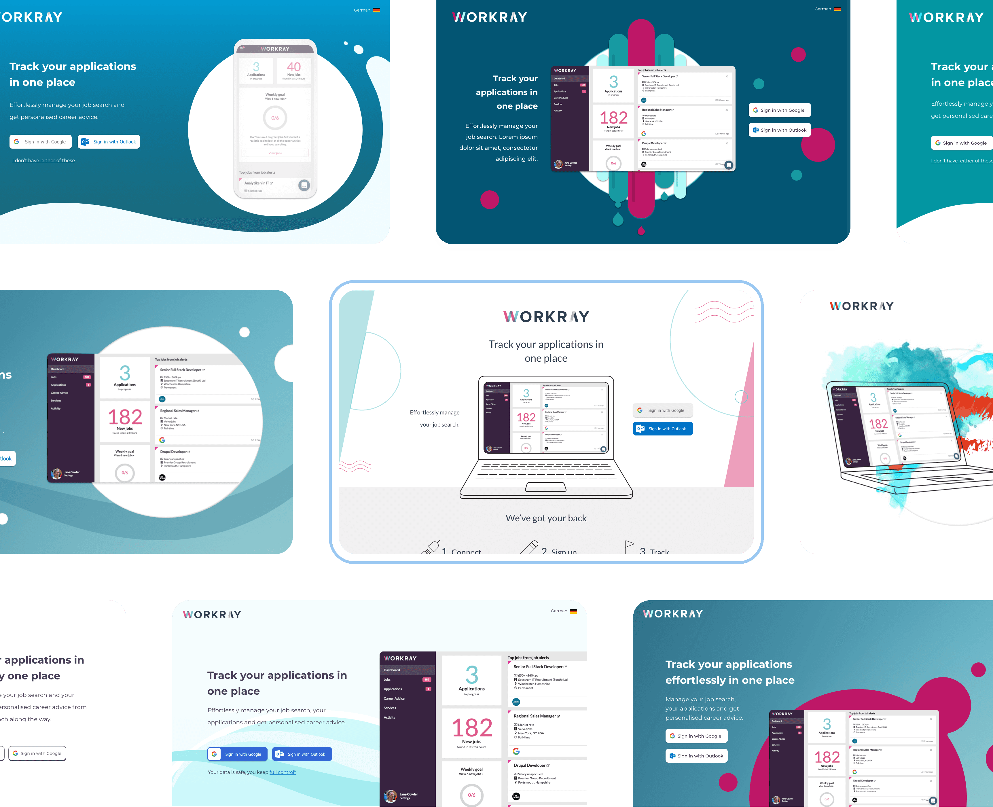 Nine versions of the new homepage with different styles