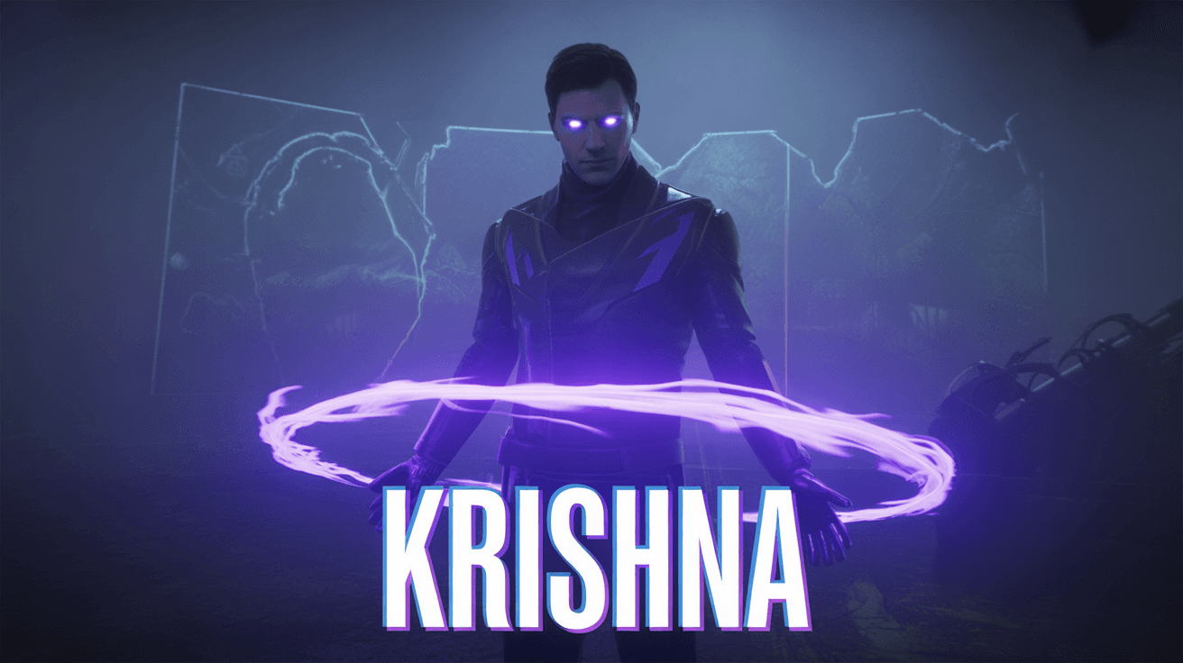 Omen in misty Valorant battlefield with neon purple blue aura and KRISHNA futuristic text
