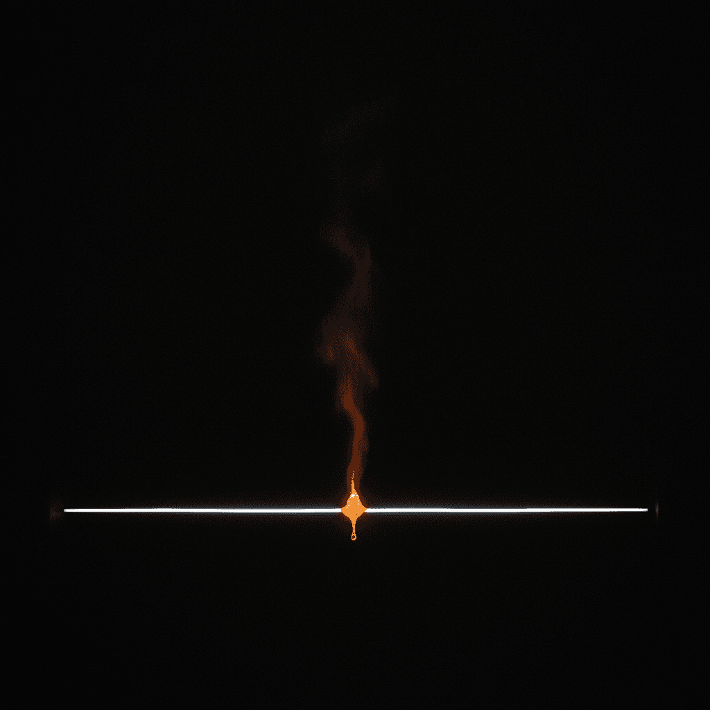 Single thin orange line bisecting black void, broken at center where bill creeps upward