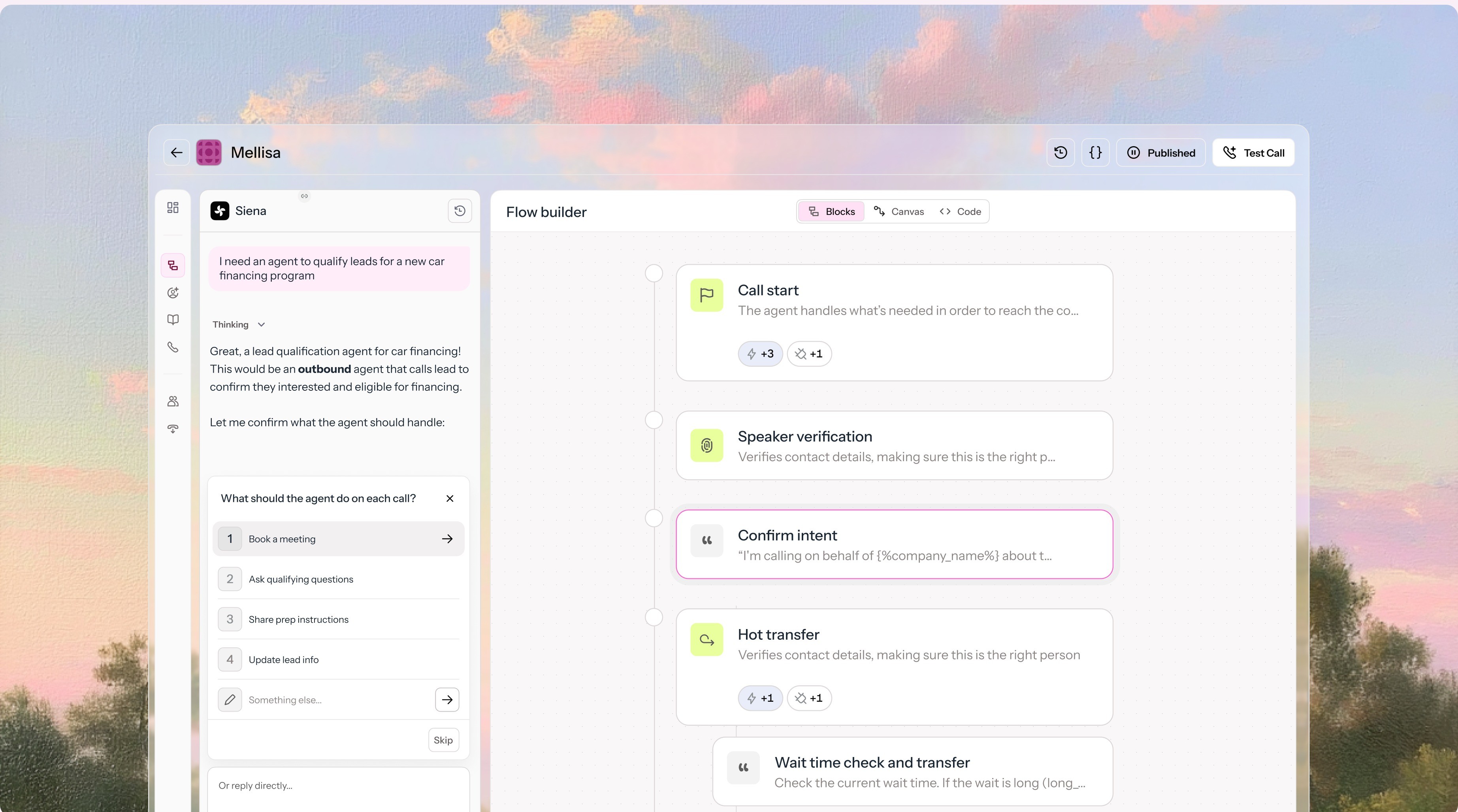 Visual editing canvas for building the call flow