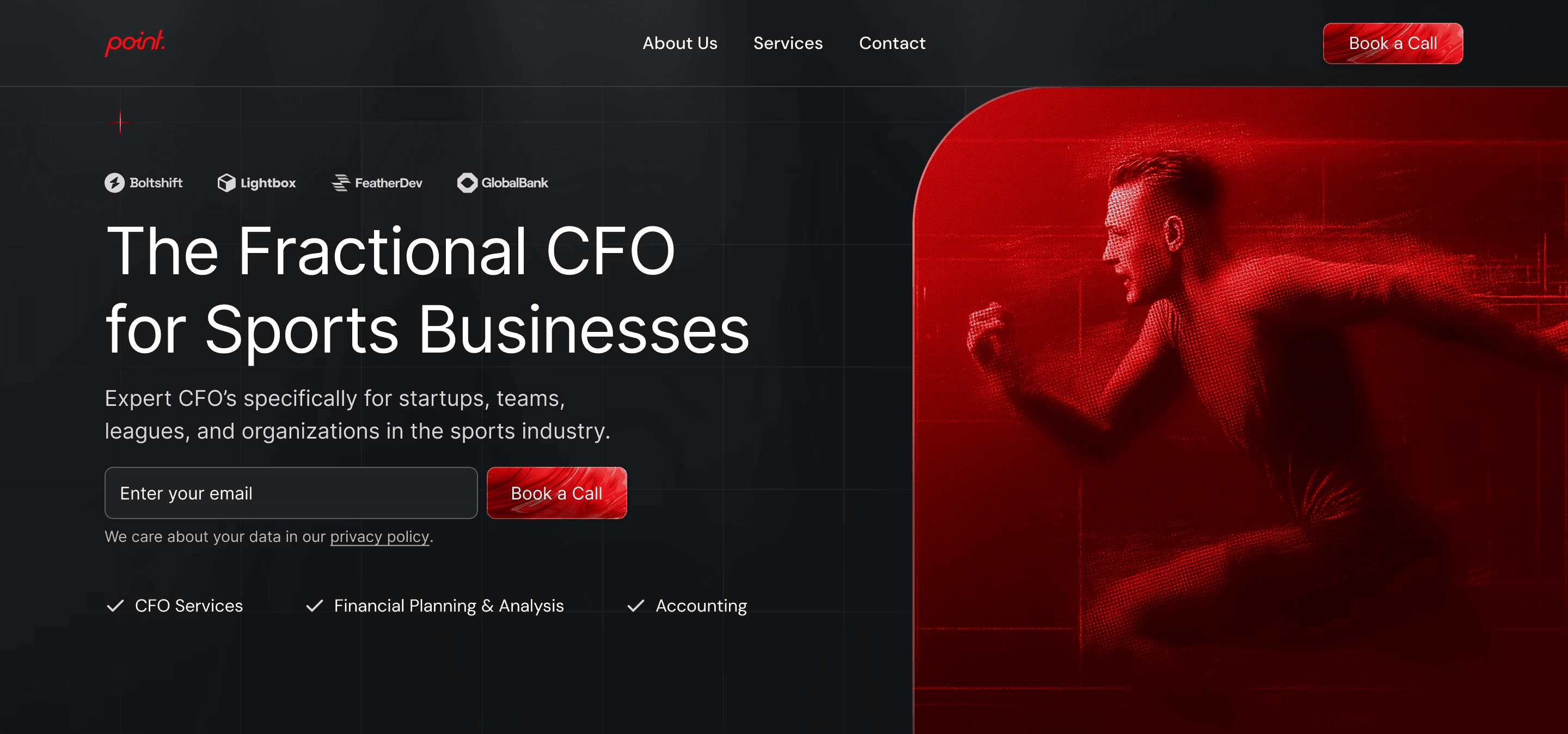 Sports business CFO services landing page design with dynamic basketball player imagery