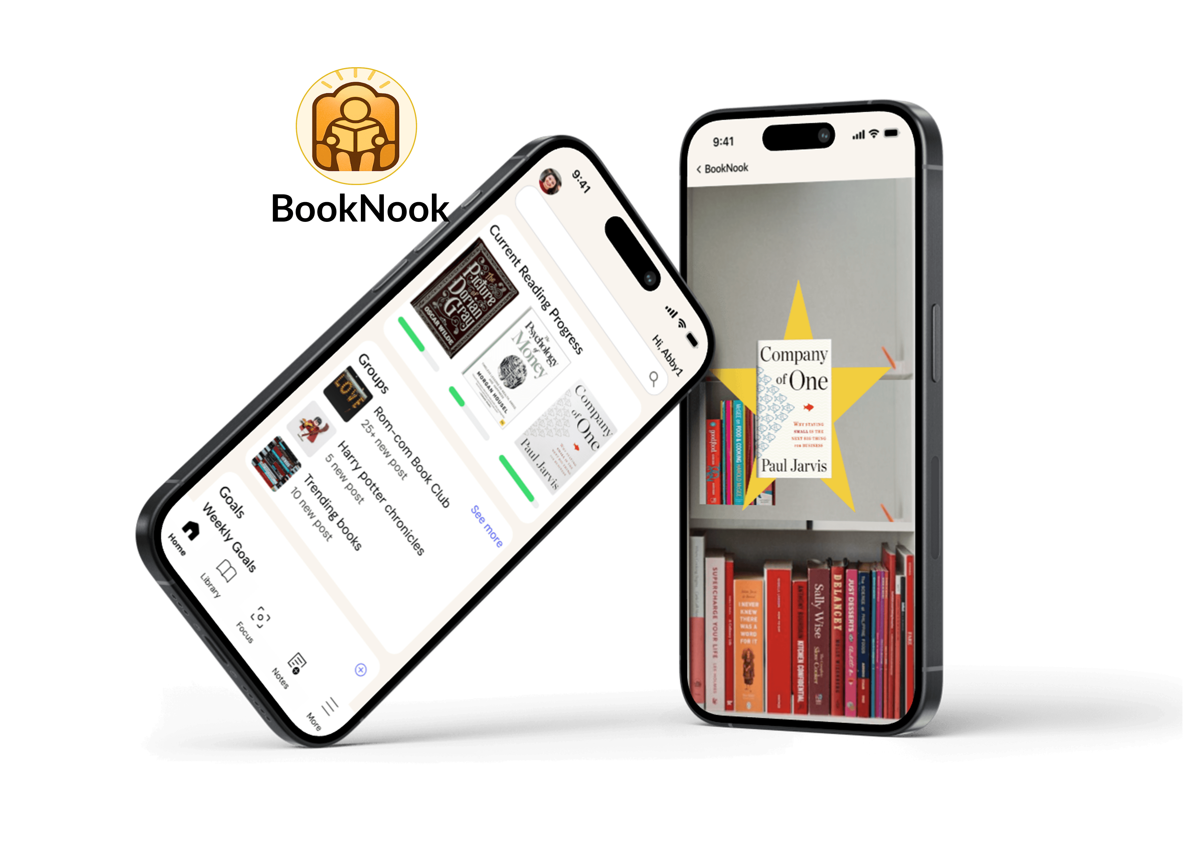 BookNook app interface showing a book tracking dashboard and a gamified reading goal screen