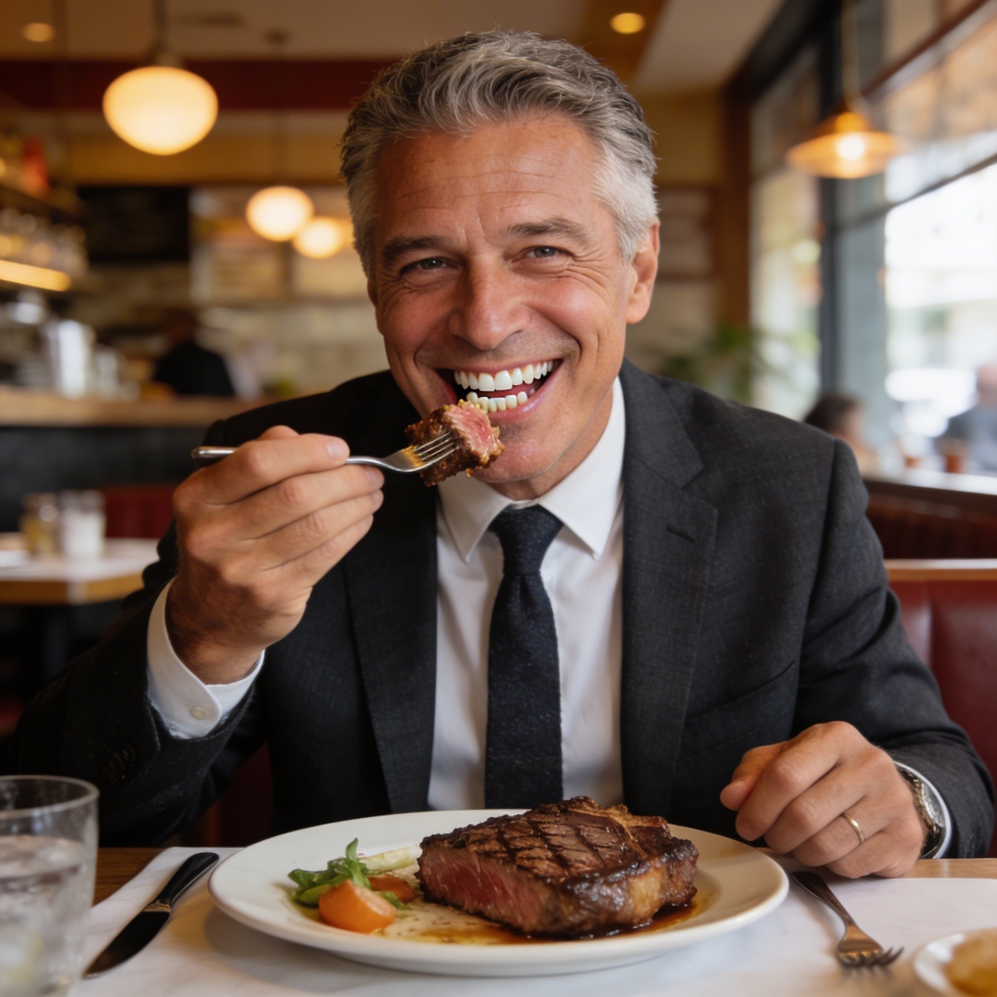 Dental implant patient confidently eating steak with no dietary restrictions or concerns about implant function