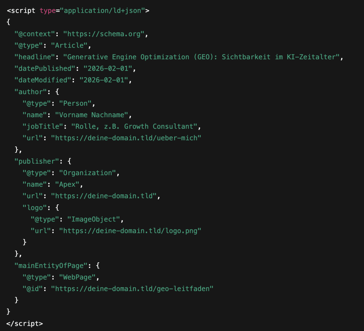 Dieses JSON-LD-Markup kennzeichnet den Beitrag eindeutig als Fachartikel mit Autor, Veröffentlichungsdatum und Herausgeber. So können Suchmaschinen und KI-Systeme den Inhalt korrekt einordnen, zitieren und deiner Marke klar zuordnen – ein wichtiger Baustein für Vertrauen und Sichtbarkeit in der KI-Suche.